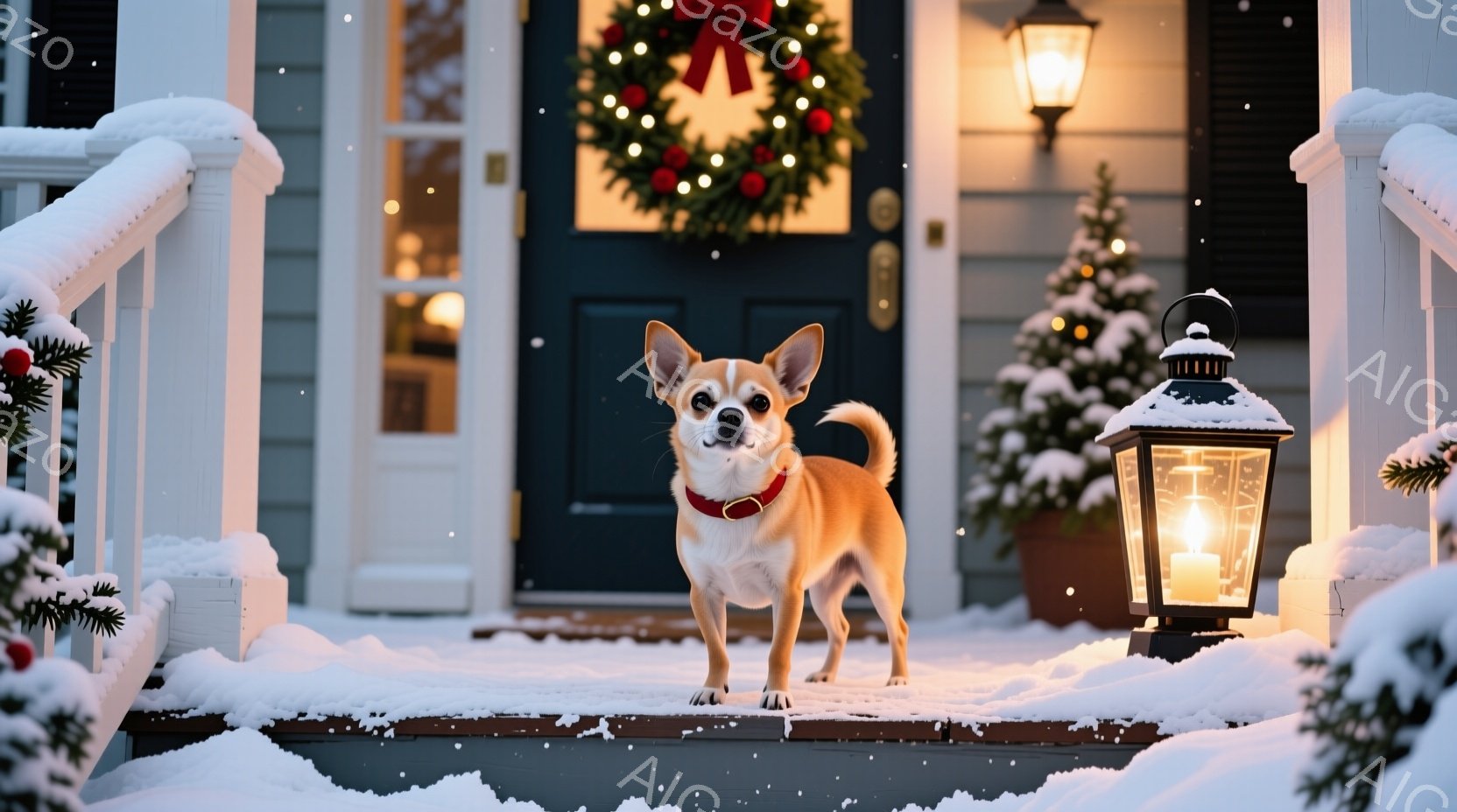 雪が降る家の前に、タン色の小型犬が立っている。赤い首輪をつけており、前足を少し上げて凛とした表情で正面を見ている。背景には、クリスマスリースが飾られた玄関、点灯したランタン、雪化粧した木々があり、温か - AI生成フリー素材