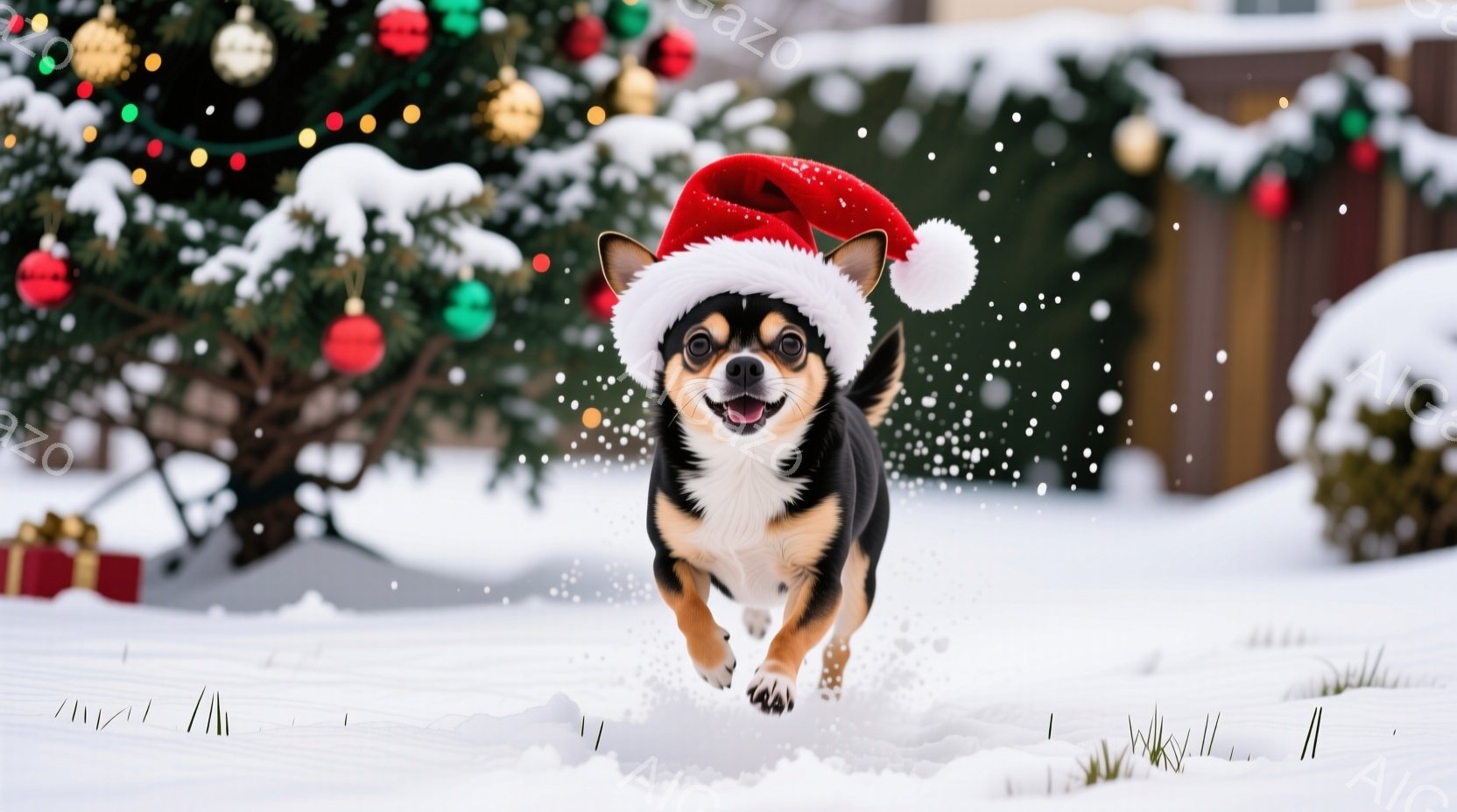 雪景色の中で、サンタの帽子をかぶったチワワが楽しそうに駆け抜けている。背景には、オーナメントで飾られたクリスマスツリーとプレゼントの箱が見え、あたりは雪に覆われている。暖かく、お祝いムードに満ちた、楽 - AI生成フリー素材