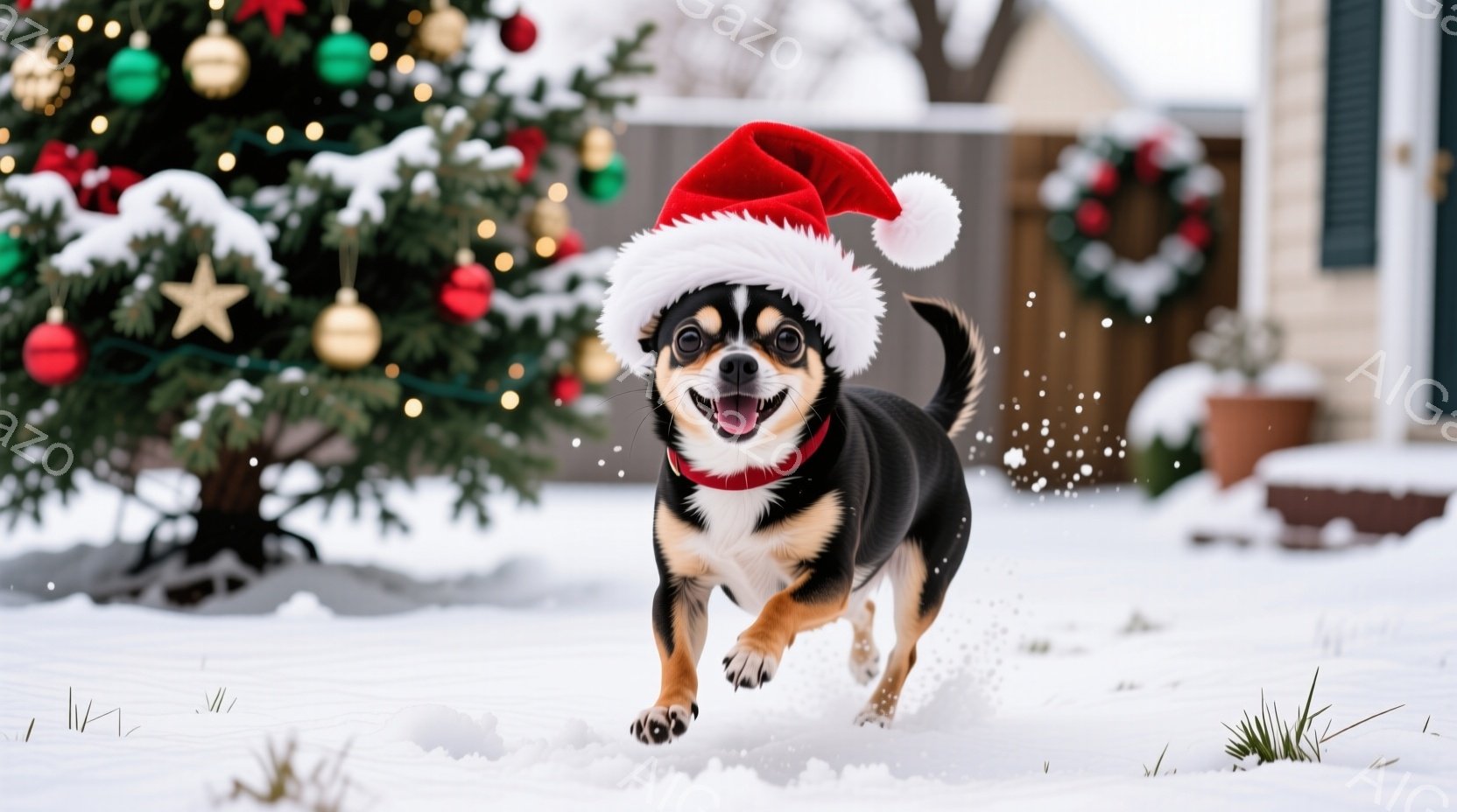 雪景色の中で、サンタ帽をかぶった茶色と黒の小さな犬が走り出している。犬は赤い首輪をつけており、口を開けて楽しそうにしている。背景には、クリスマスオーナメントで飾られたクリスマスツリーと、リースが飾られ - AI生成フリー素材