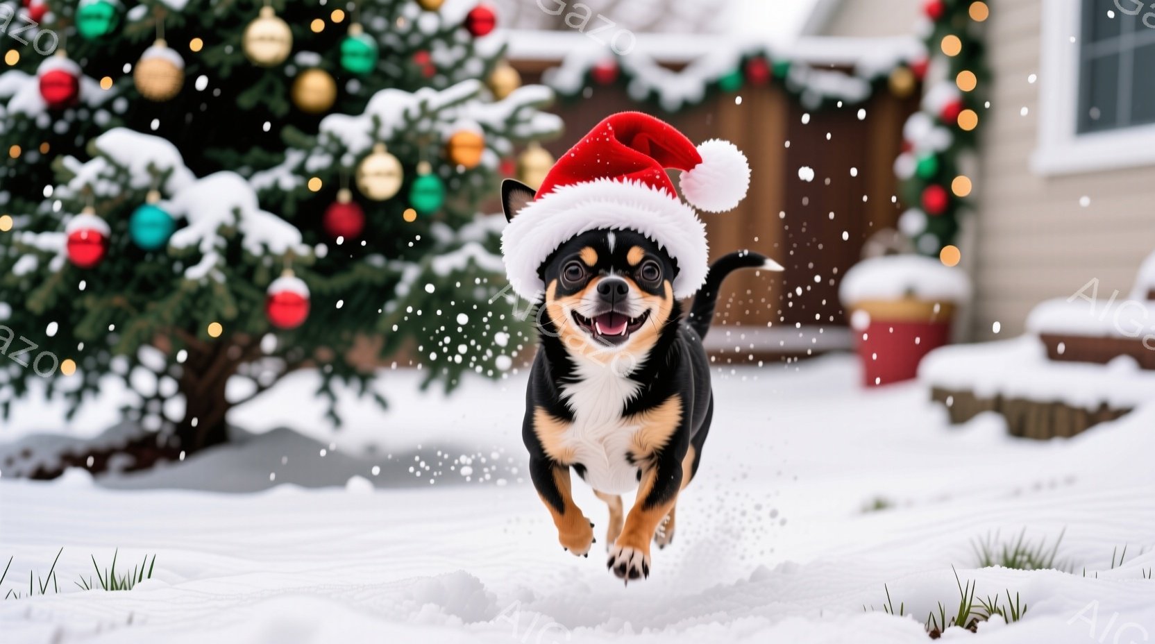 雪景色の中、サンタの帽子を被ったチワワが、勢いよく走り出している。背景にはクリスマスツリーが飾られ、雪が舞い散る冬の暖かく楽しい雰囲気が伝わってくる。犬は口を開けて笑顔を見せており、躍動感と幸福感に満 - AI生成フリー素材
