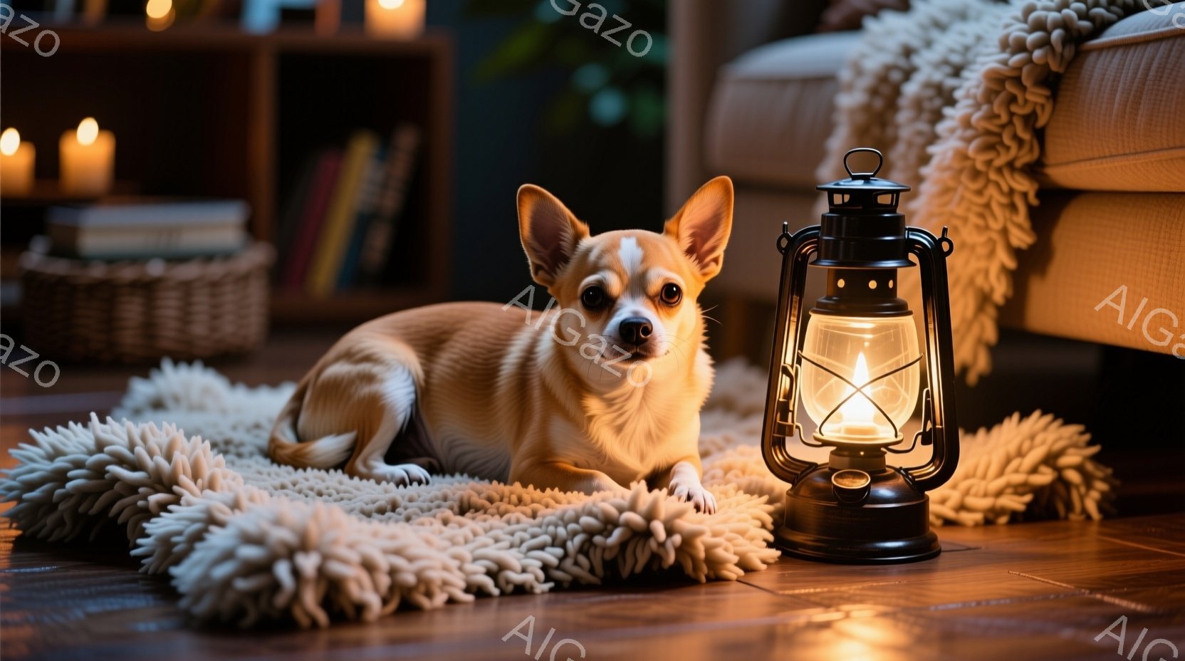 暖炉のような光が照らすフローリングの上に、クリーム色のフワフワしたラグの上で小さな茶色の犬が横たわっています。犬は前方をじっと見つめており、リラックスした表情をしています。背景には、本が入ったバスケットと、ぼんやりとしたソファが見え、全体的に温かく居心地の良い雰囲気を醸し出しています。