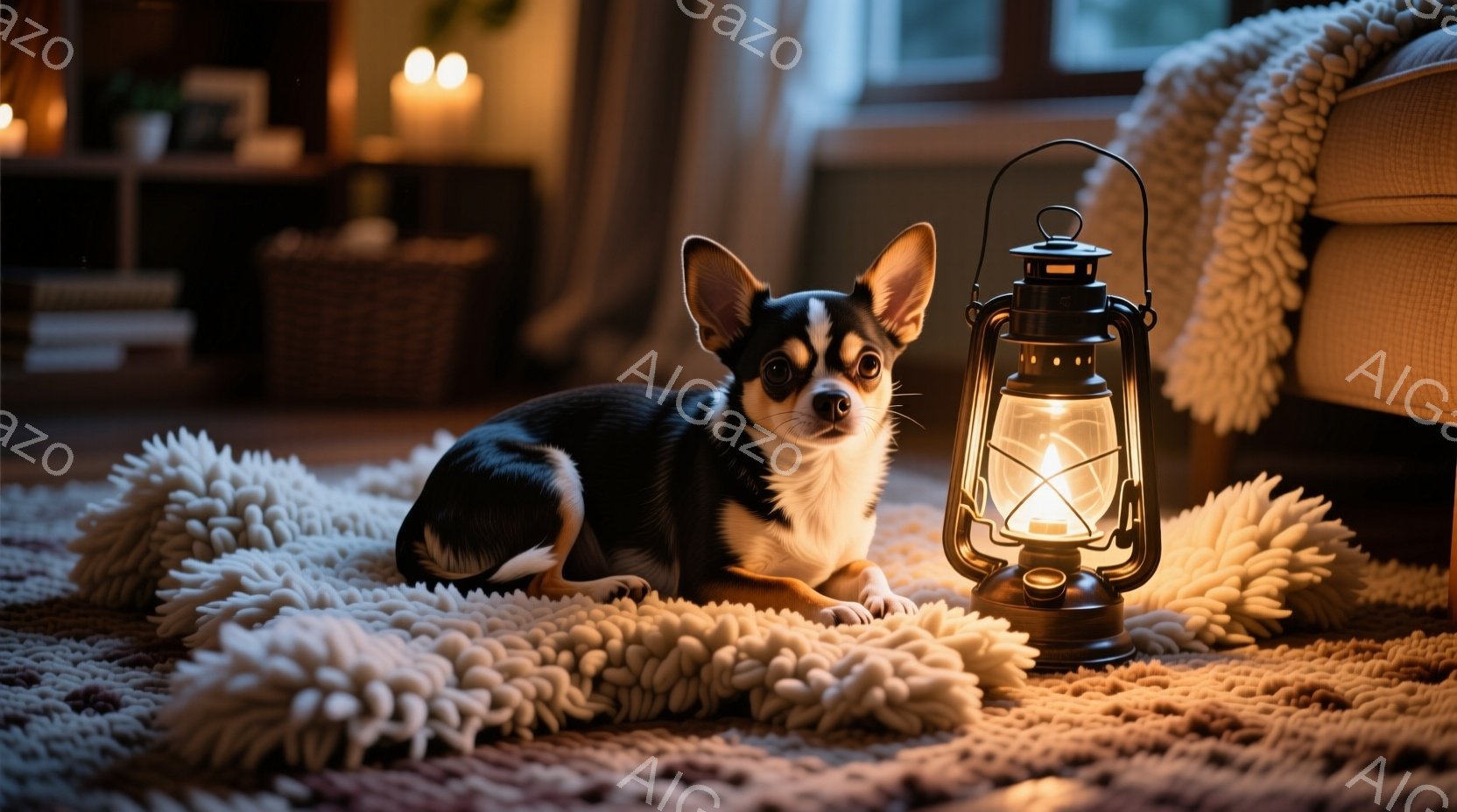 黒と白のチワワが、ふわふわした白いラグの上に座ってこちらを見ています。背景には、暖炉のようなオレンジ色の光を放つランタンと、ぼやけた家具が見え、室内全体が温かい光に包まれています。室内は落ち着いた雰囲 - AI生成フリー素材
