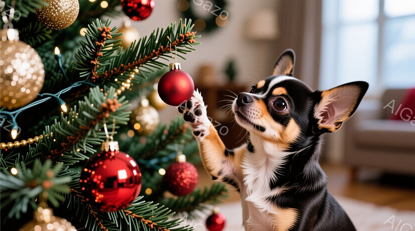クリスマスツリーの前にいるチワワが、赤いオーナメントに前足を伸ばして遊んでいます。その表情は好奇心と喜びで満ち溢れており、キラキラと輝くオーナメントと緑色のツリーが、暖かく幸せな雰囲気を醸し出しています。背景にはぼやけたリビングルームが見え、クリスマスの装飾が温かみを添えています。