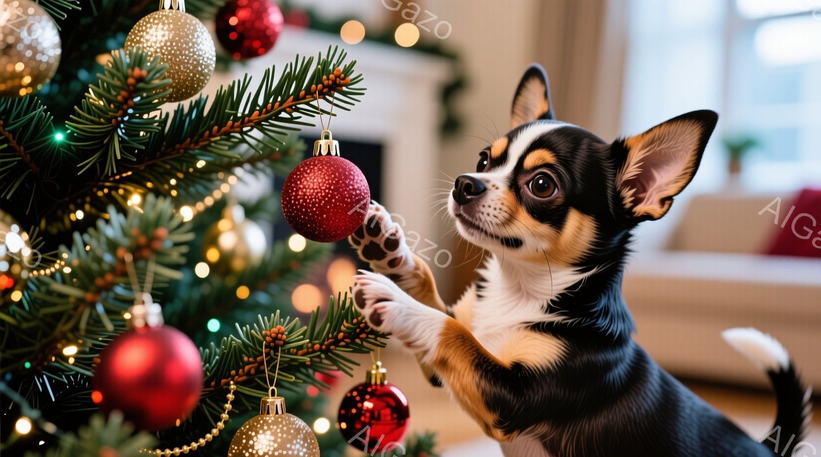 黒と白の毛並みで、好奇心旺盛な表情をしたチワワが、クリスマスツリーのオーナメントに手を伸ばしています。ツリーは赤、金、銀の装飾で華やかに飾られ、背景はぼかされていますが、暖かく穏やかな雰囲気が伝わってきます。 全体的に、可愛らしい犬とクリスマスの装飾が相まって、温かさと幸せに満ちた光景です。