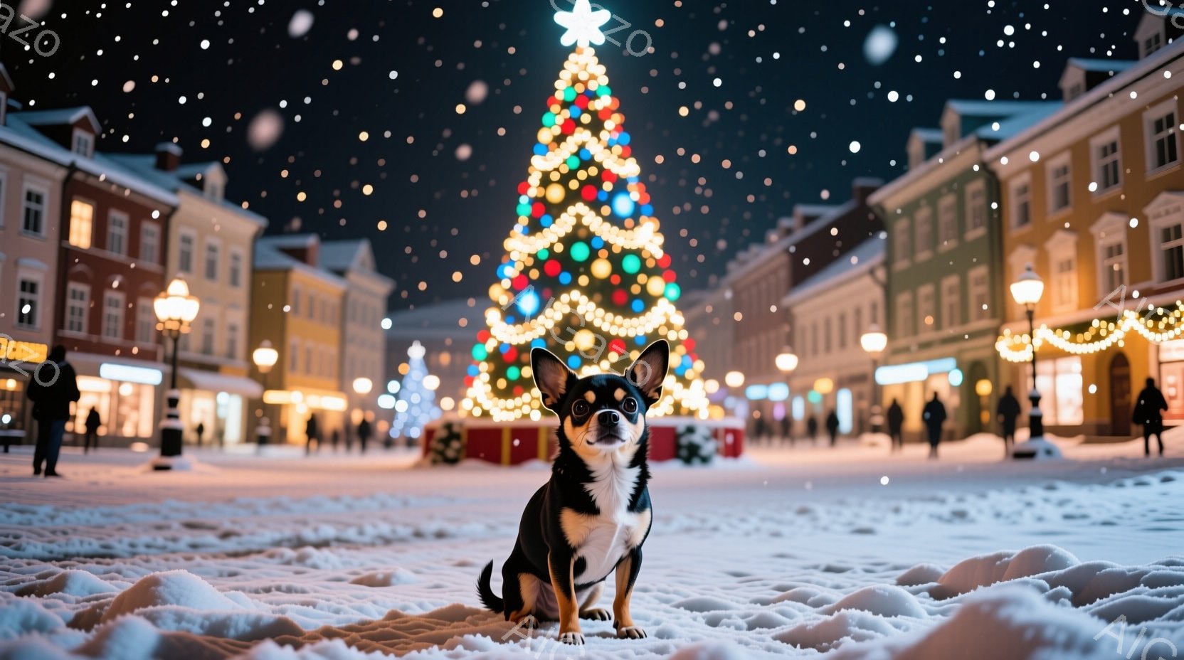 雪が舞う夜の街並みで、チワワが雪の上に座ってこちらを見つめている。背景には色とりどりのイルミネーションで飾られた大きなクリスマスツリーが聳え立ち、遠くには街灯の明かりが灯る建物が並んでいる。暖かく幻想 - AI生成フリー素材
