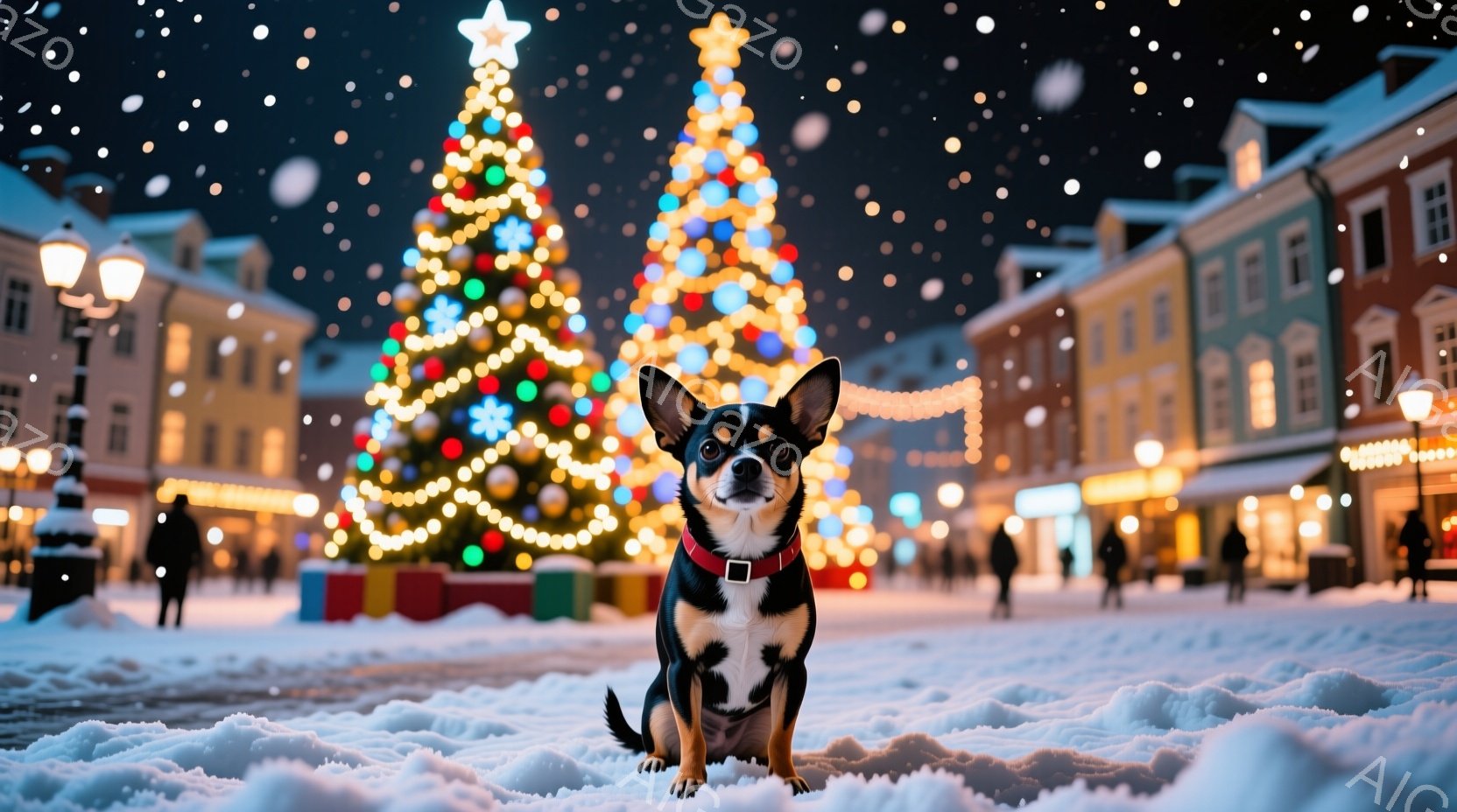 白い雪の上に、茶色と黒の毛並みを持つ小型犬が座っています。犬は赤い首輪を付けており、前方をまっすぐ見つめています。背景には、クリスマスツリーが輝き、色とりどりの建物が並び、雪が舞い散る冬の夜の街並みが - AI生成フリー素材