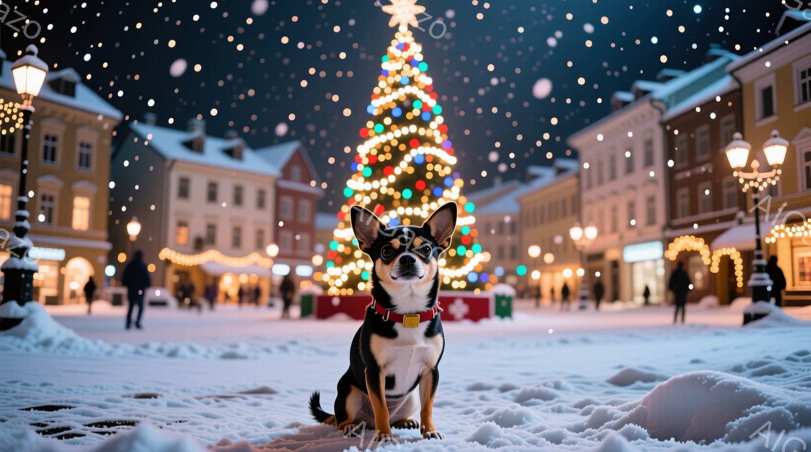 白い雪景色の中に、黒と白の毛並みの小さな犬が座っています。背景にはクリスマスツリーが輝き、周囲の建物はライトアップされ、冬の夜の温かい雰囲気を醸し出しています。雪が舞い降り、静かで穏やかなクリスマスの - AI生成フリー素材