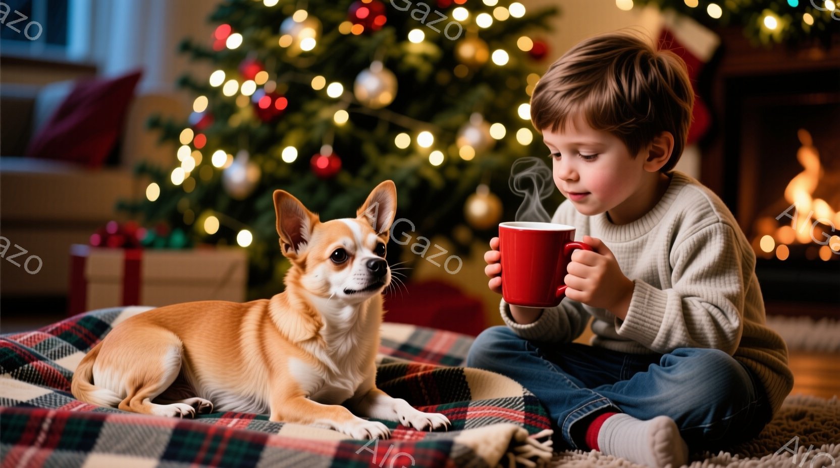 赤毛の少年が床に座り、赤いマグカップを手に持っています。少年はグレーのセーターと白い靴下を履いており、顔はマグカップの湯気に少し隠れています。背景にはクリスマスツリーが飾られ、暖炉の火が暖かく光り、全 - AI生成フリー素材