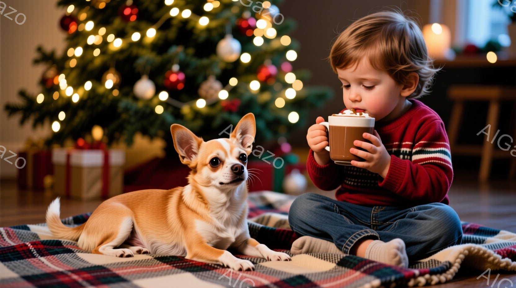 幼い少年が赤いセーターとグレーのソックスを着用し、ホットチョコレートを手にひざを抱えて座っています。そばには茶色と白のチワワが座っており、少年のほうを見つめています。背景には、飾り付けられたクリスマス - AI生成フリー素材