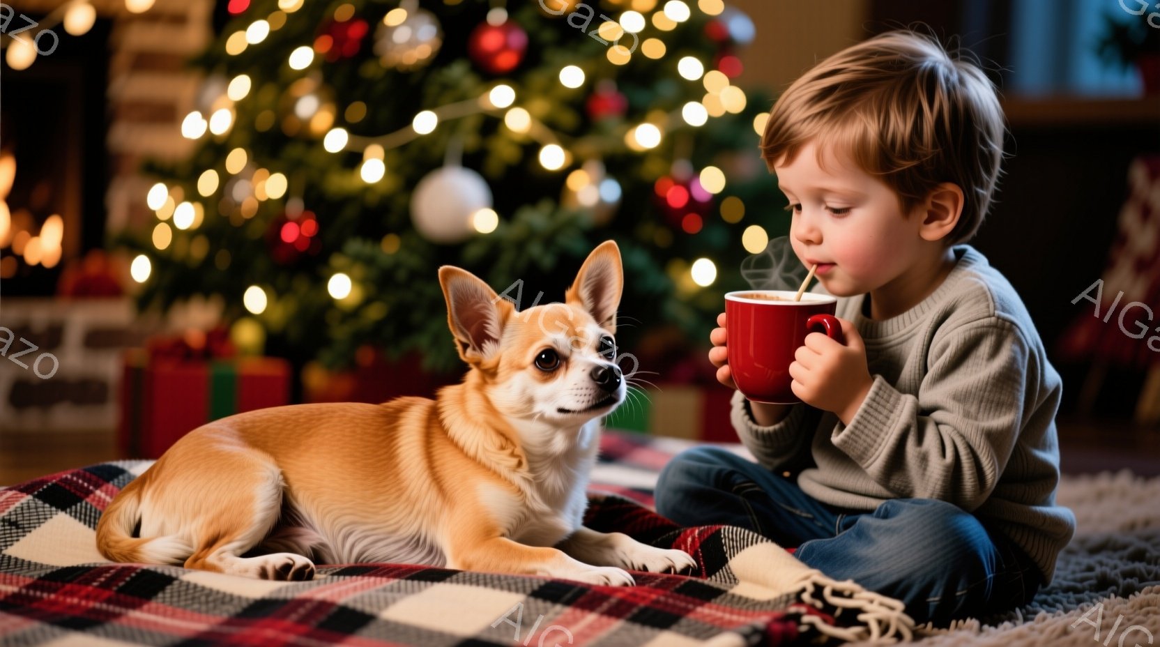 少年はグレーのセーターとジーンズを着て、赤いマグカップを手に持ち、何かを飲んでいます。茶色のチワワが少年の隣でリラックスして横たわり、カメラを見ています。背景にはクリスマスツリーが飾られ、暖かく幸せな - AI生成フリー素材