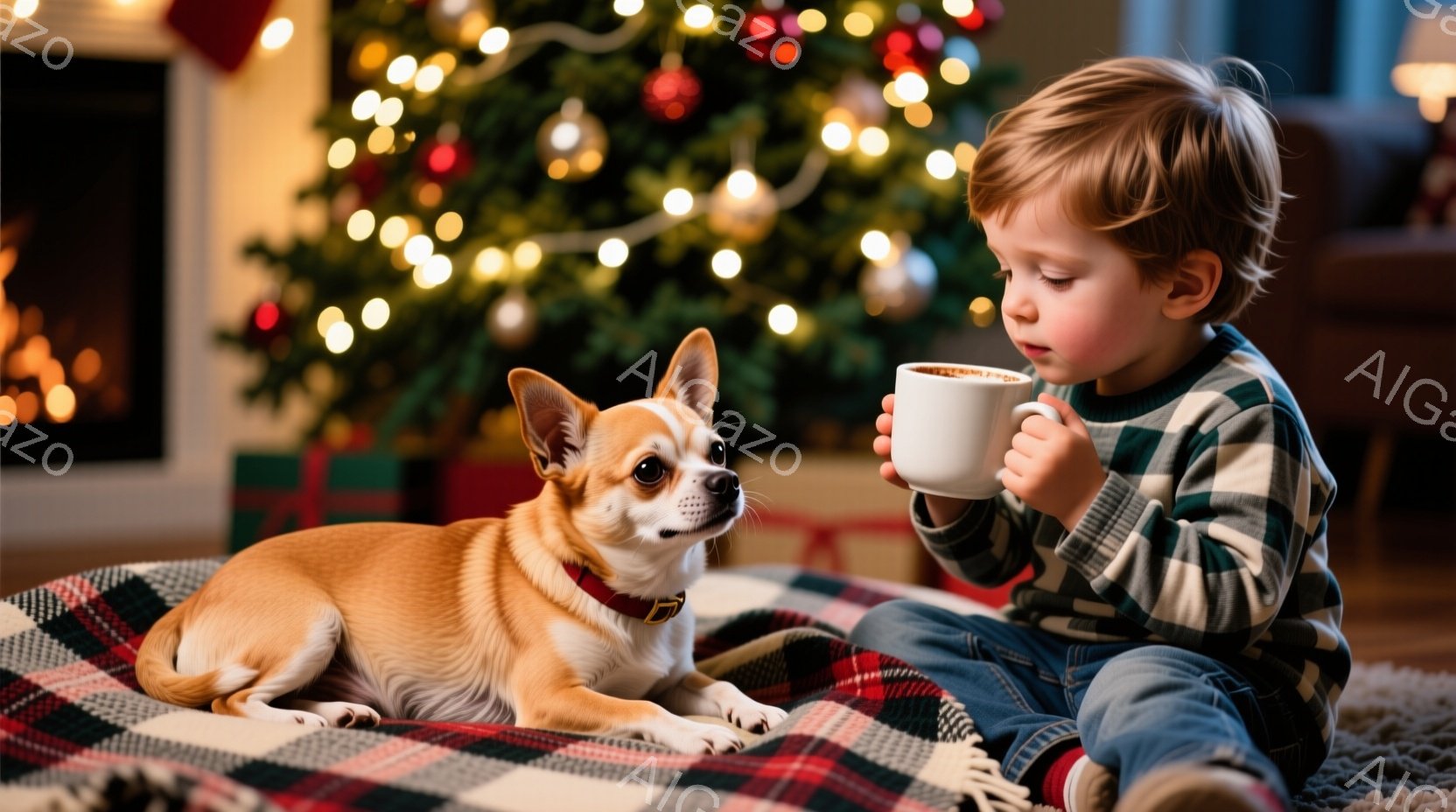 少年はチェック柄のシャツとジーンズを身につけ、暖炉のそばの赤い毛布の上に座ってマグカップを手にしている。茶色のチワワが少年の隣で横たわり、こちらを見ている。背景には、クリスマスツリーの温かい光が輝き、 - AI生成フリー素材