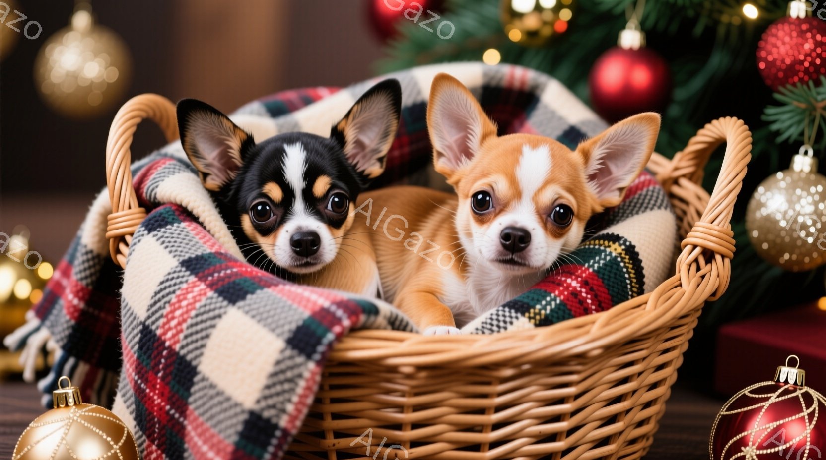 籠の中に、２匹の子犬が寄り添って眠っています。一匹は黒と茶色の毛並みで、もう一匹は茶色の毛並みです。背景にはクリスマスツリーやオーナメントがあり、暖かく、お祝いムードが漂っています。 - AI生成フリー素材