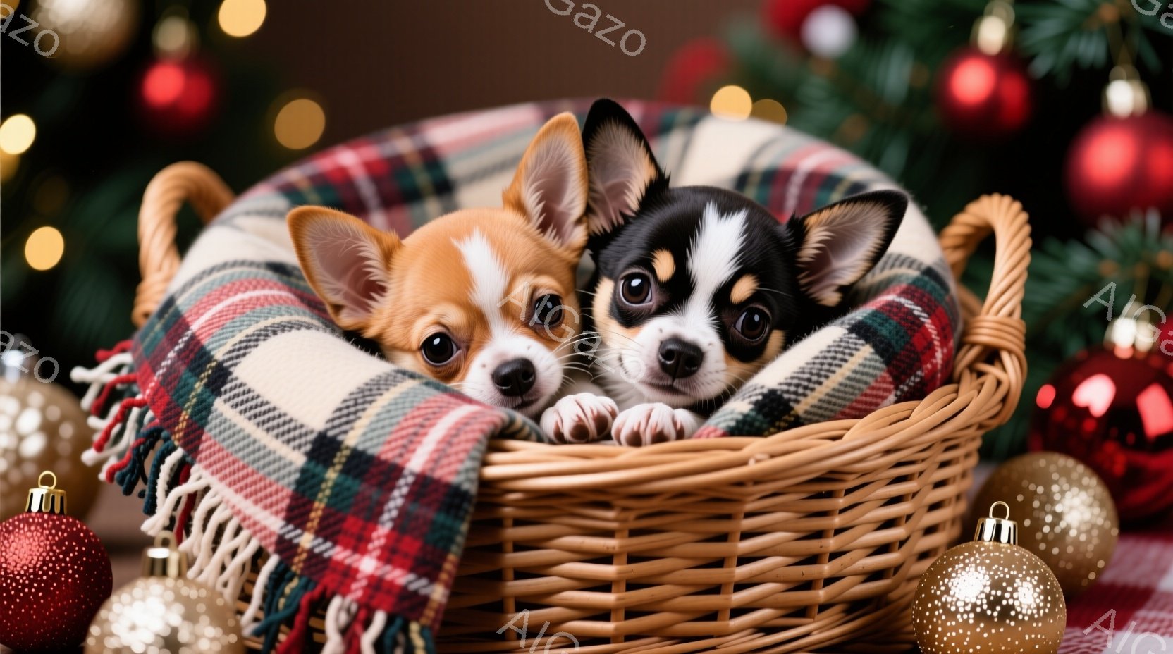 籠の中に二匹のチワワが寄り添って入っています。片方のチワワはクリーム色、もう片方は黒と白の模様で、どちらも大きな瞳でカメラを見ており、とても可愛らしい表情をしています。背景にはクリスマスツリーとオーナ - AI生成フリー素材