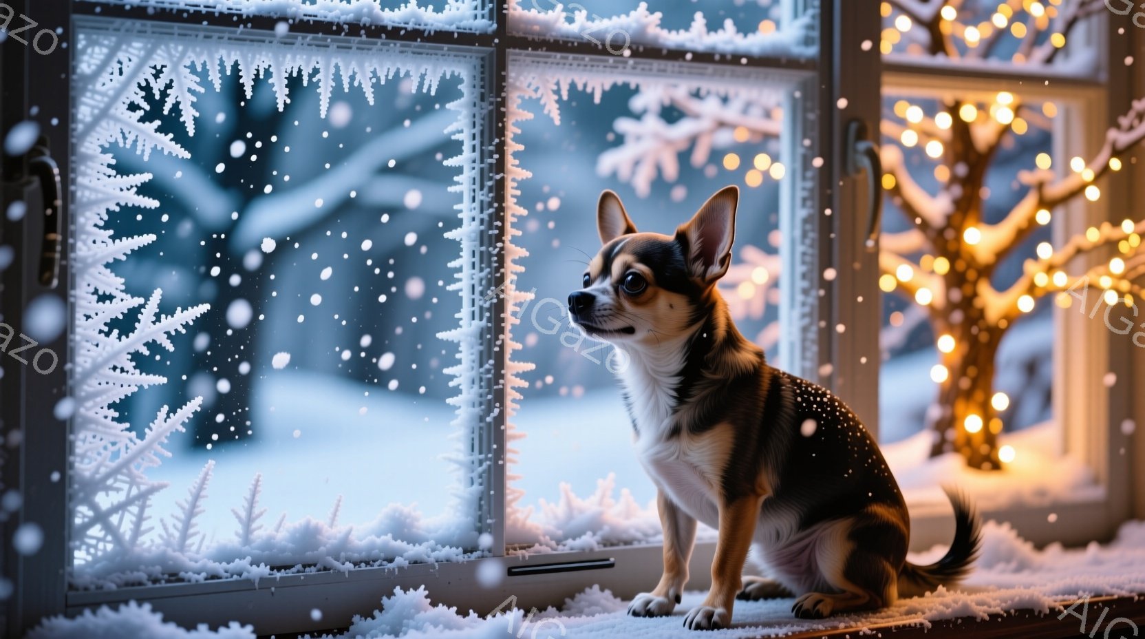 雪が降り積もる窓辺に、茶色と白のチワワが座っています。その表情はどこか遠くを見つめ、冬の静けさの中に佇んでいます。背景には雪景色と暖色のイルミネーションがぼんやりと見え、穏やかで少し寂しげな雰囲気を醸 - AI生成フリー素材