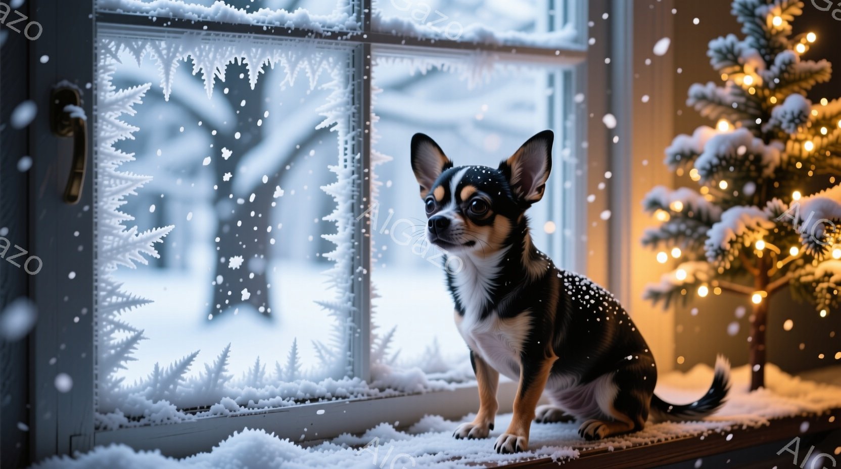 小さなチワワが窓辺に座り、外の雪景色を眺めている。窓には雪の結晶模様が描かれており、背景には雪に覆われた木々と、ぼんやりと見える建物が見える。室内には、温かい光を放つイルミネーションで飾られた小さなク - AI生成フリー素材