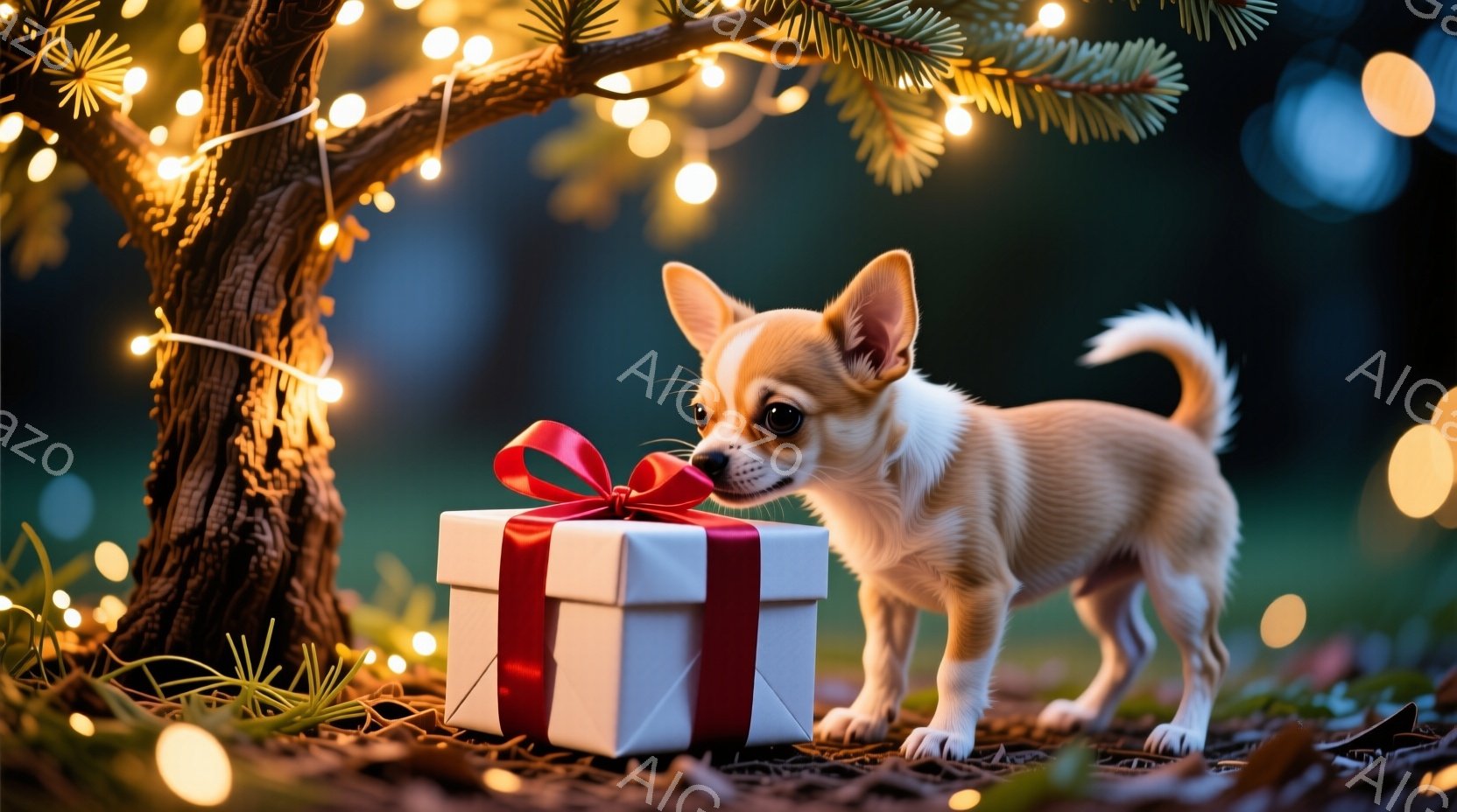 小さなチワワが白いリボンのかかったギフトボックスの前に立っている。その犬は好奇心旺盛な表情で箱を覗き込んでおり、片方の前足はわずかに伸ばして箱に近づこうとしている。背景にはぼやけた緑の木々と、暖かい光 - AI生成フリー素材