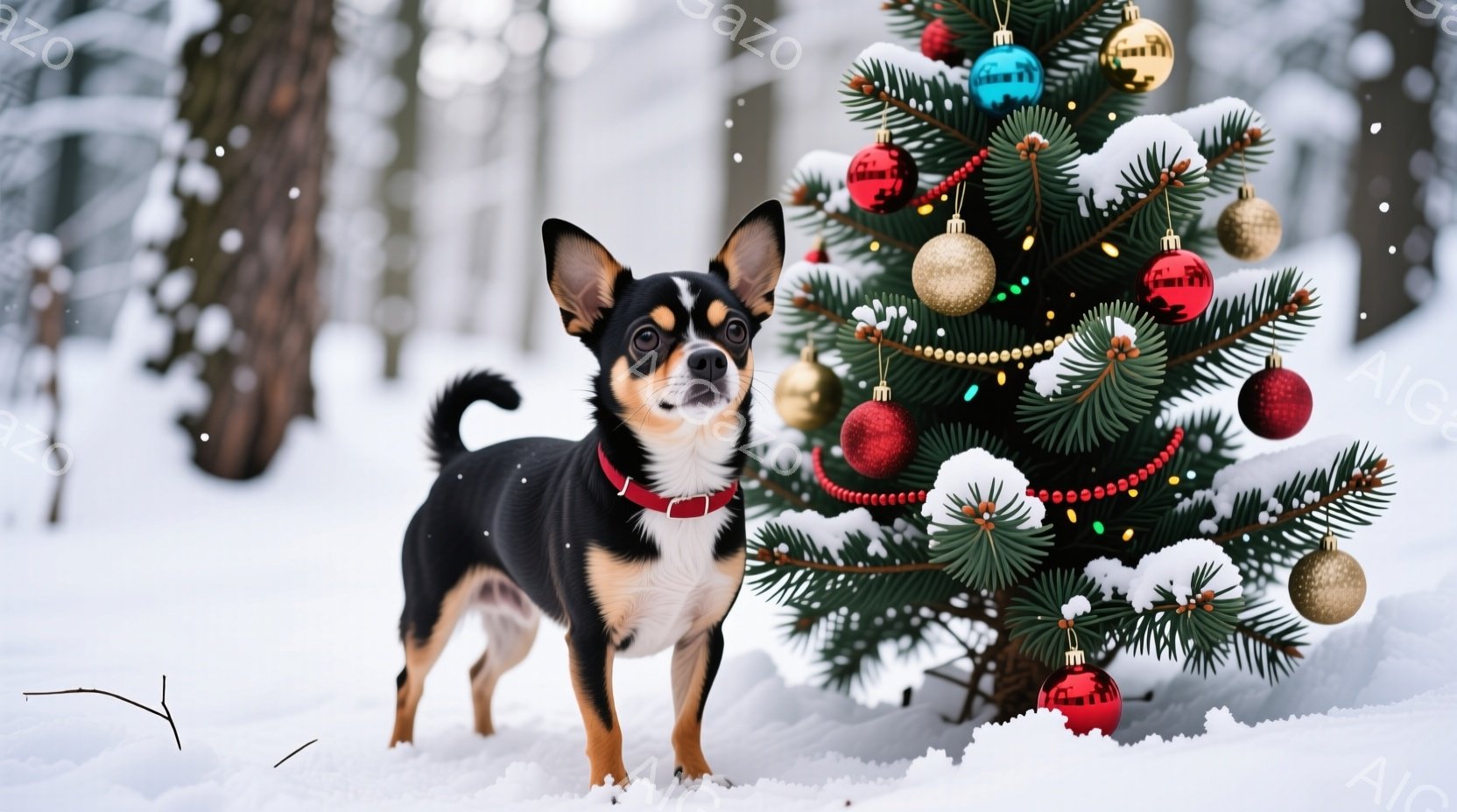黒と白のチワワが雪の上に立っており、赤い首輪をつけている。背景には、飾り付けられたクリスマスツリーがあり、雪が舞っている。全体的に、暖かく、お祝いの雰囲気が漂う冬の風景である。
