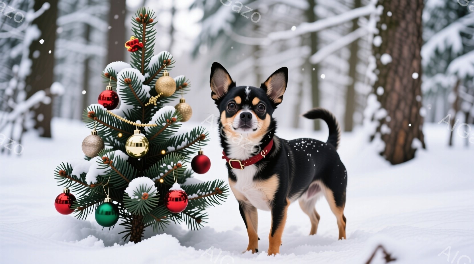 黒と白のチワワが、クリスマスツリーの前に立っている。犬は赤い首輪をつけており、雪が降る冬の森の中にいるようだ。背景には雪で覆われた木々があり、全体的に温かく、お祝いの雰囲気が漂っている。 - AI生成フリー素材