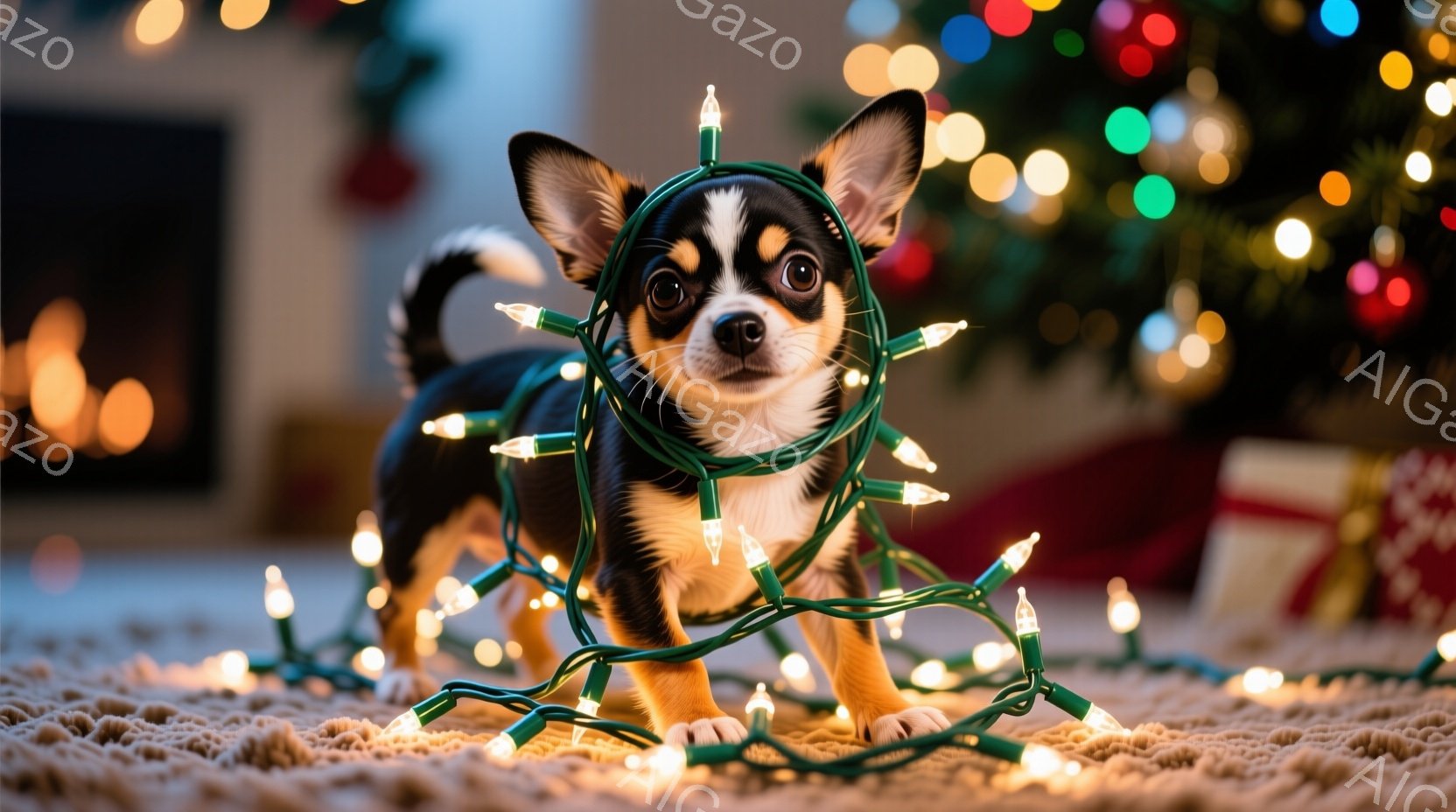 黒と茶色のチワワが、クリスマスツリー用の点灯した電飾に絡まって座っています。犬は正面を見つめており、少し驚いたような、またはいたずらっぽい表情をしています。背景にはぼやけたクリスマスツリーと暖炉があり - AI生成フリー素材