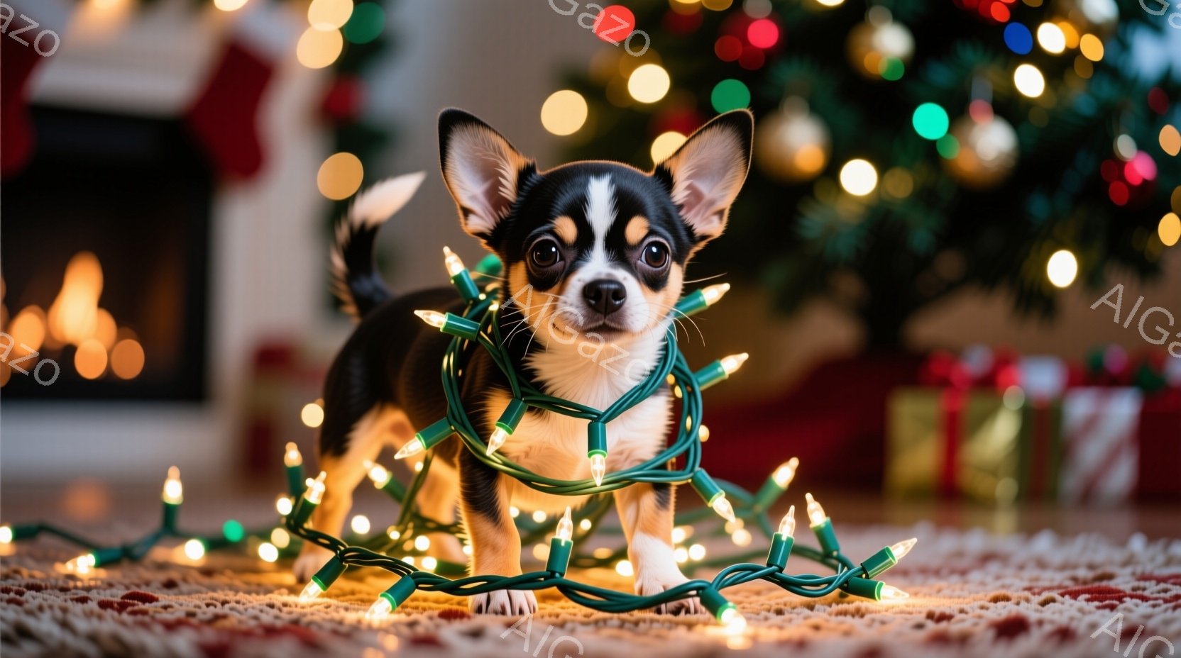 小さなチワワがクリスマスツリーのイルミネーションライトに絡まって床に座っています。その表情は少し困惑しているようですが、全体的には可愛らしい様子です。背景にはクリスマスツリーやプレゼント、暖炉が見え、 - AI生成フリー素材