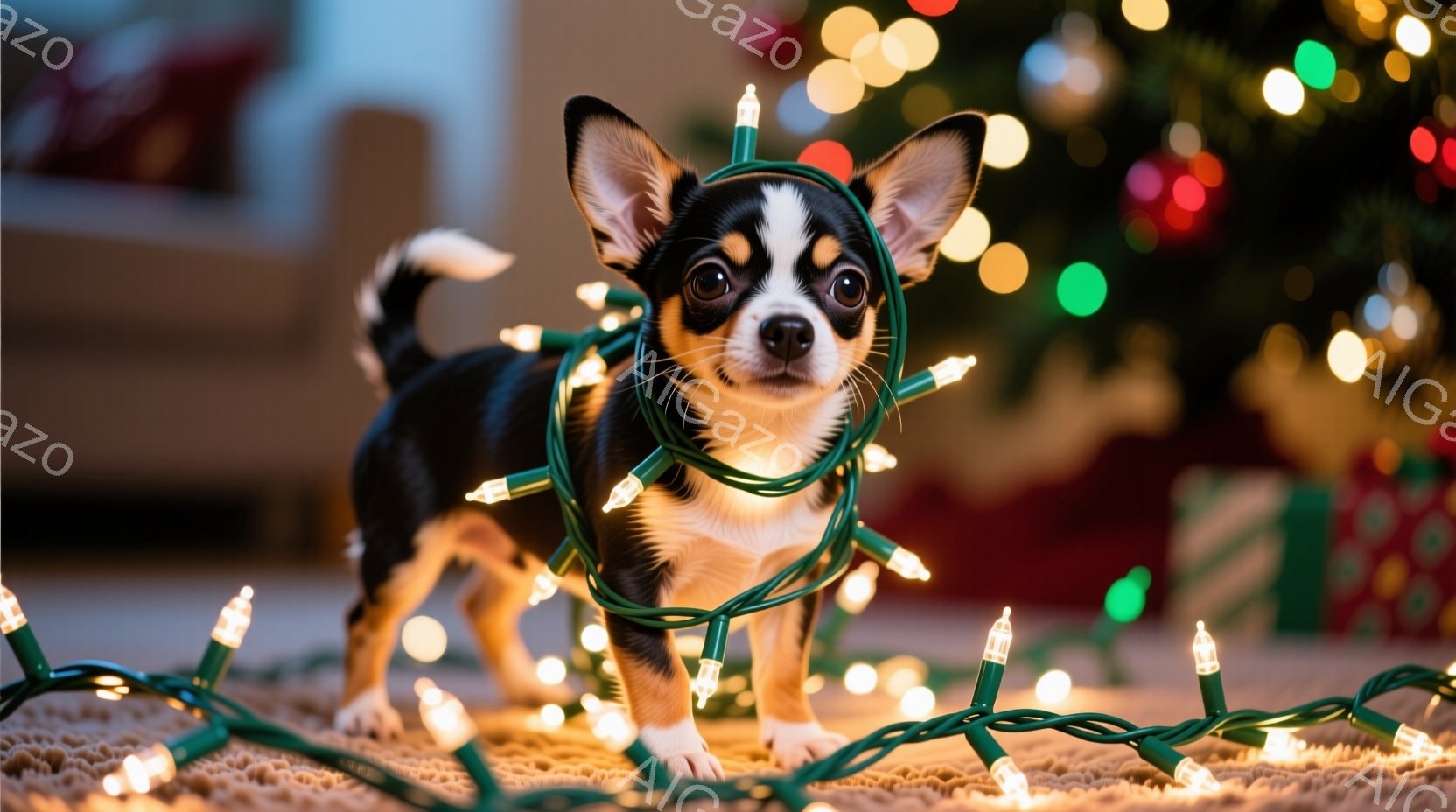 小さなチワワが、クリスマスツリーのイルミネーションライトにぐるぐる巻きにされています。犬は前足を少し広げ、こちらを見つめており、好奇心と少し困惑した表情をしています。背景にはぼやけたクリスマスツリーとプレゼントボックスが見え、全体的に暖かく、お祝いムードに満ちた雰囲気です。