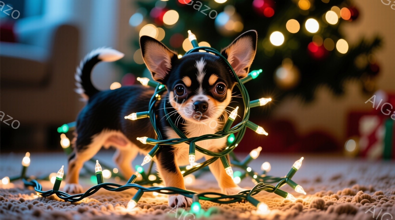 黒とクリーム色の毛並みを持つチワワが、クリスマスツリーのイルミネーションライトに絡まっている様子が写っています。好奇心に満ちた表情でカメラを見つめており、少し困惑したような、また楽しんでいるような表情 - AI生成フリー素材