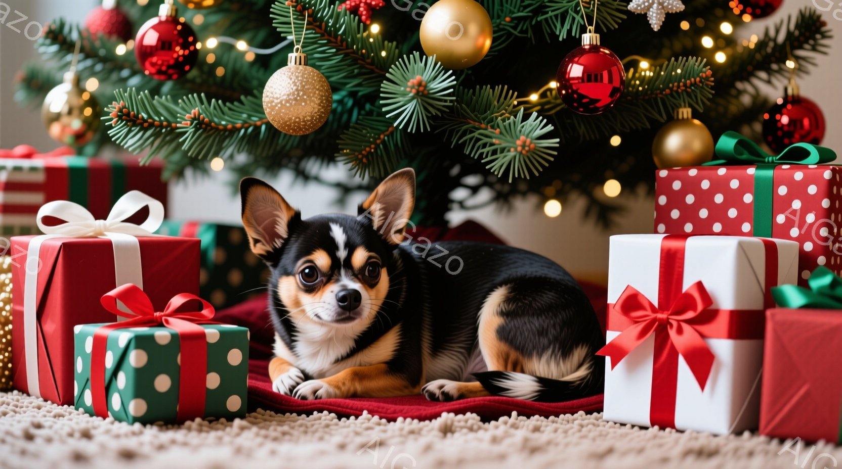黒と焦げ茶色の毛並みを持つチワワが、赤い敷物の上に置かれたプレゼントの山の中でリラックスして横たわっています。背景にはクリスマスツリーが飾られ、赤、緑、金色のオーナメントが輝き、お祝いの雰囲気を醸し出 - AI生成フリー素材