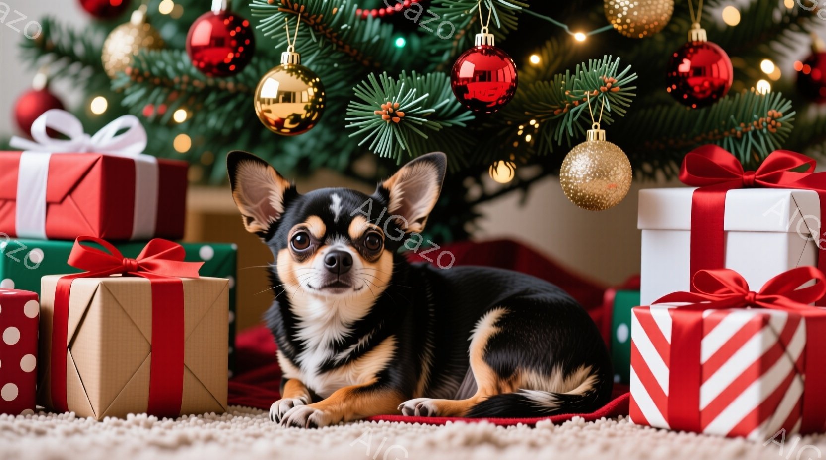 黒とタン色のチワワが、クリスマスツリーの足元に置かれたプレゼントの山の中に横たわっています。犬はカメラに向かって穏やかな表情でこちらを見ており、背景には緑豊かなクリスマスツリーと輝くオーナメントが広が - AI生成フリー素材