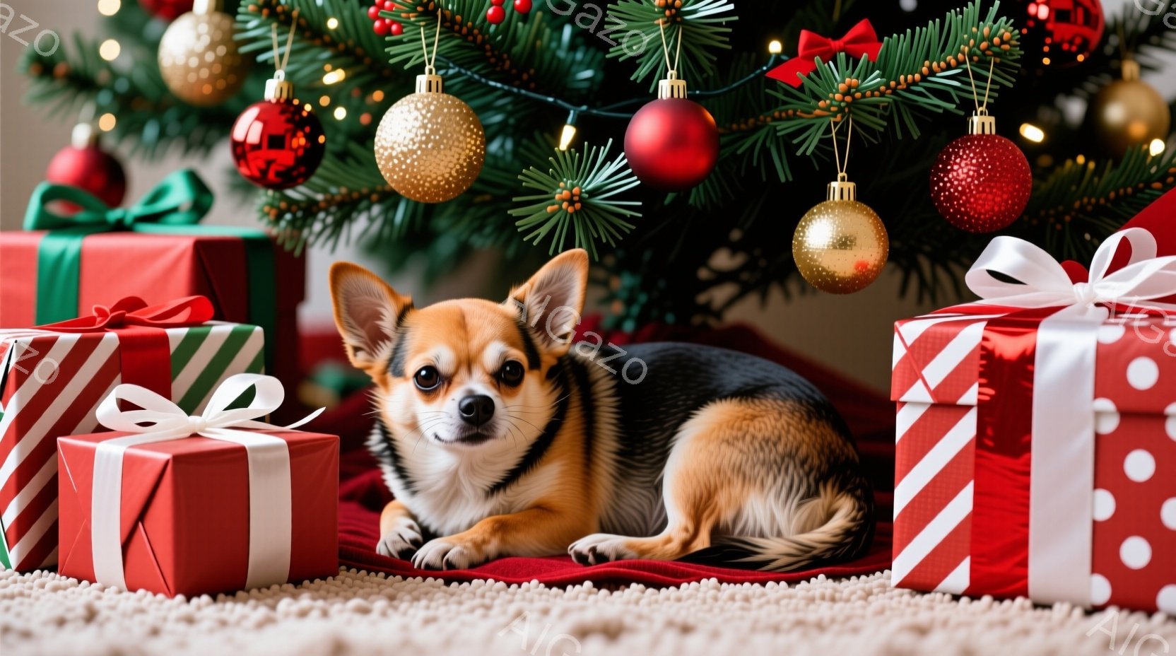 クリスマスツリーの前に、可愛らしいチワワが座っています。赤い毛並みの体に黒い模様があり、リラックスした表情でカメラを見つめています。背景には、赤と白のストライプ、水玉模様のギフトボックスが積み重ねられ - AI生成フリー素材