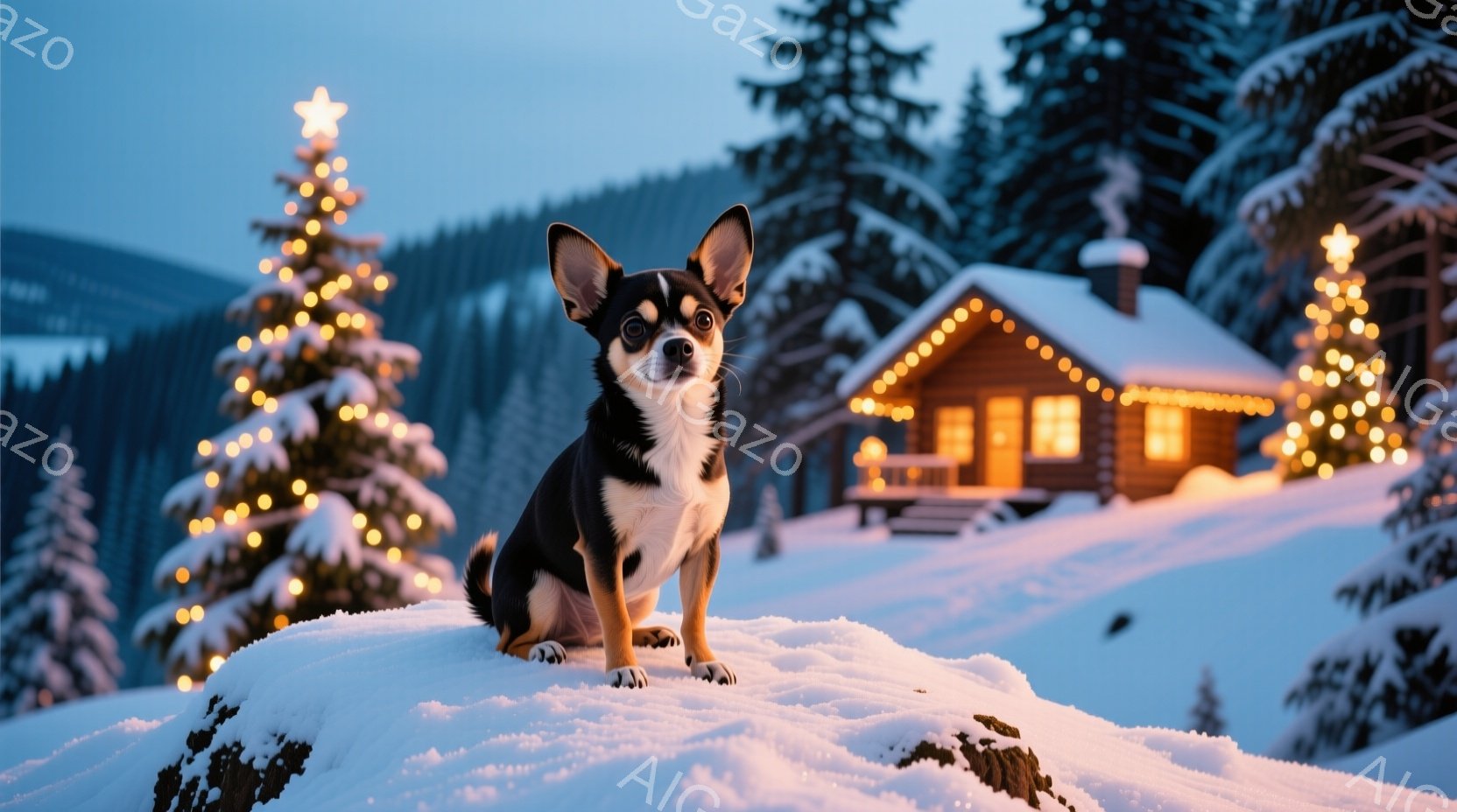 雪景色の中に、黒と白の毛並みのチワワが雪の丘の上に座って正面を見つめています。背景にはクリスマスツリーのように飾り付けられた木々と、温かい光が灯る可愛らしいキャビンが見えます。全体的に暖かく、冬のホリ - AI生成フリー素材