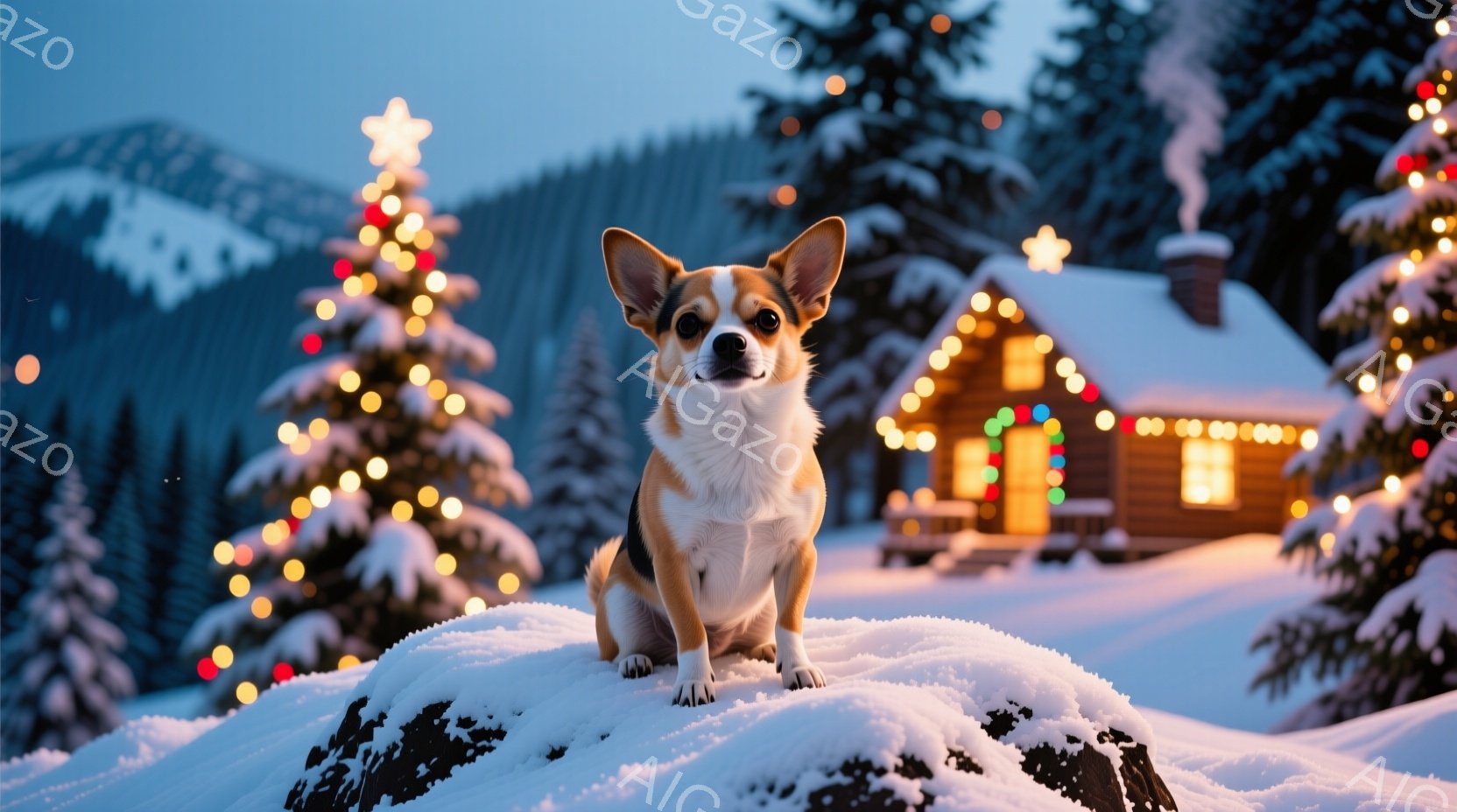 雪に覆われた丘の上に、茶色と白のコーギー犬が座って正面を見ている。背景には、カラフルなイルミネーションで飾られたログハウスと、雪をまとった針葉樹林が広がり、冬の暖かく幻想的な雰囲気を醸し出している。雪 - AI生成フリー素材