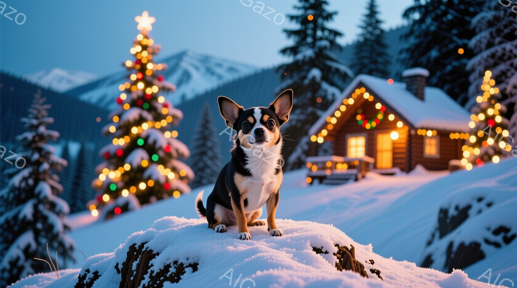 雪景色の中に、黒と白のチワワが雪の丘の上に座っています。背景にはクリスマスツリーや電飾で飾られた可愛らしい山小屋があり、冬の暖かく幻想的な雰囲気を醸し出しています。空は夕焼けの名残りで薄い青色に染まり、雪と光のコントラストが美しい一枚です。