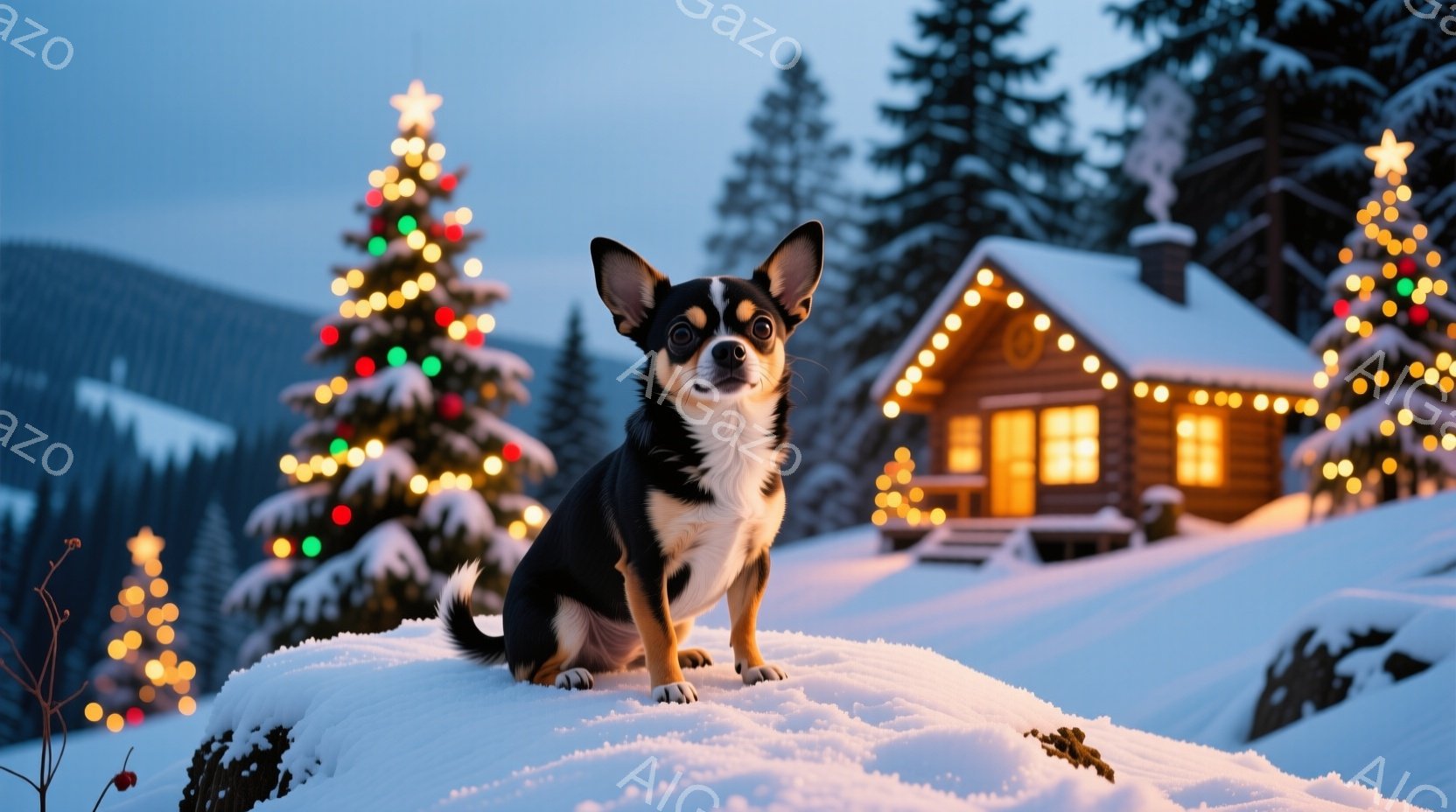 雪の上に座っている、黒と白の毛並みのチワワが描かれています。背景には、クリスマスツリーや電飾で飾られた可愛らしいログハウスがあり、雪景色の中で温かい光が灯っています。全体的に、冬の暖かく幻想的な雰囲気 - AI生成フリー素材