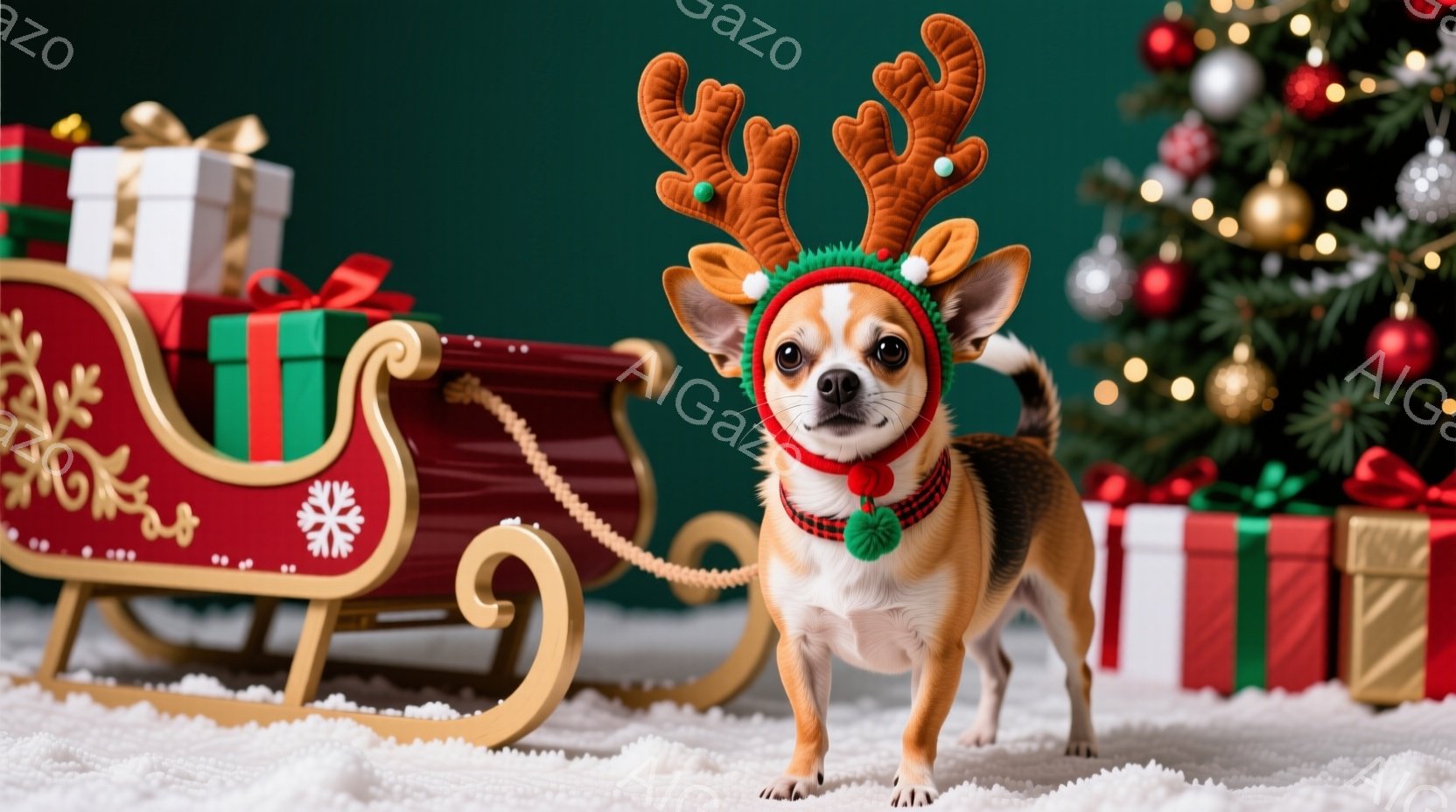 小さなチワワが、クリスマスらしい赤いトナカイの角飾りと緑の首輪をつけて正面を見つめている。雪のような白い背景の上に、赤いそりがプレゼントと一緒に置かれており、クリスマスツリーがぼやけて見える。 全体的 - AI生成フリー素材