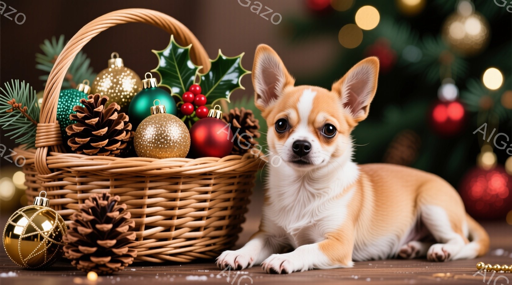 明るい茶色のチワワが、クリスマスオーナメントと松ぼっくりが入った籐のバスケットの隣に横たわっています。犬は前足を伸ばし、少し上目遣いでカメラを見ており、穏やかで可愛らしい表情をしています。背景にはぼや - AI生成フリー素材