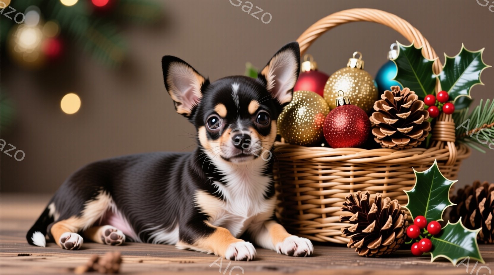 小さなチワワが木の床に横たわっており、黒とクリーム色の毛並みと大きな耳が特徴的です。その横には、赤い実の付いたホーリーと松ぼっくりが飾られた籐のバスケットが置かれています。背景にはぼやけたクリスマスツリーのライトが見え、全体的に温かく、お祝いムードが漂っています。