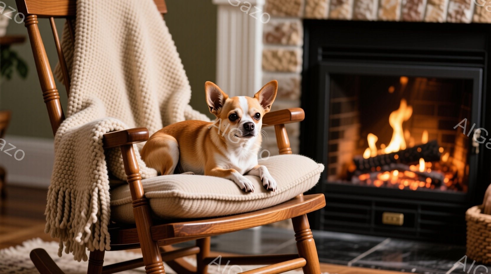 暖炉のそばに揺り椅子があり、その上にクリーム色の小型犬が座っています。犬は白と茶色の毛並みで、落ち着いた表情でカメラを見ています。揺り椅子にはベージュの毛布が掛けられており、背景にはレンガ造りの暖炉と明るい室内が広がっています。