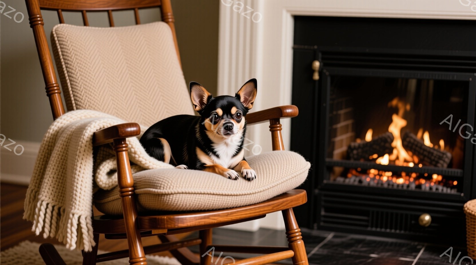 一脚のロッキングチェアに、小さな黒とタンのチワワが座っています。ロッキングチェアにはオフホワイトの編み物ブランケットが掛けてあり、背景には暖炉が見え、炎が燃えています。室内は暖かく、リラックスした雰囲 - AI生成フリー素材