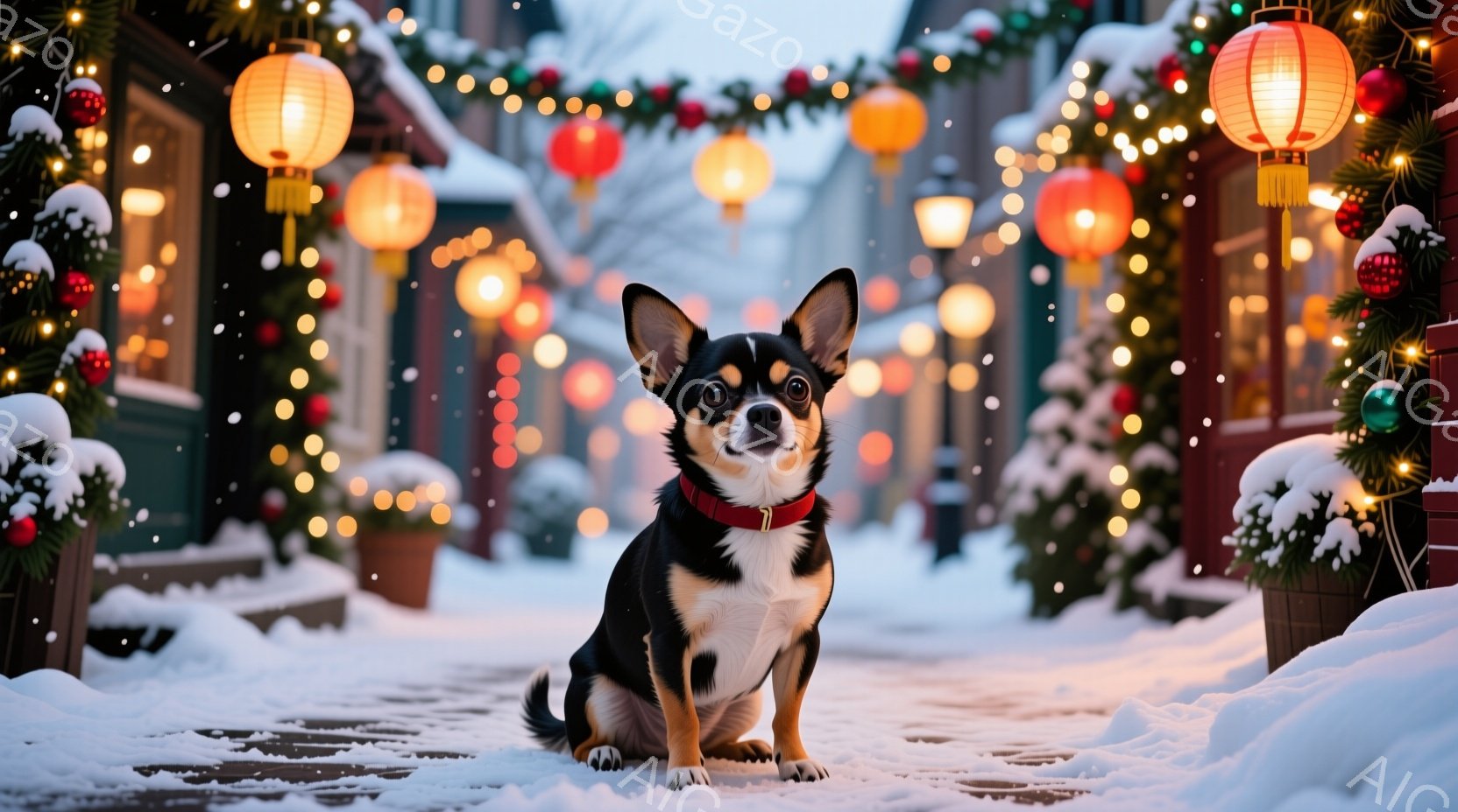 雪が降る並木道に、茶色と黒の毛並みのチワワが座っています。赤い首輪をつけ、正面を見て穏やかな表情を浮かべており、冬の装飾で彩られた背景が暖かく優しい雰囲気を醸し出しています。背景には、電飾やクリスマス - AI生成フリー素材