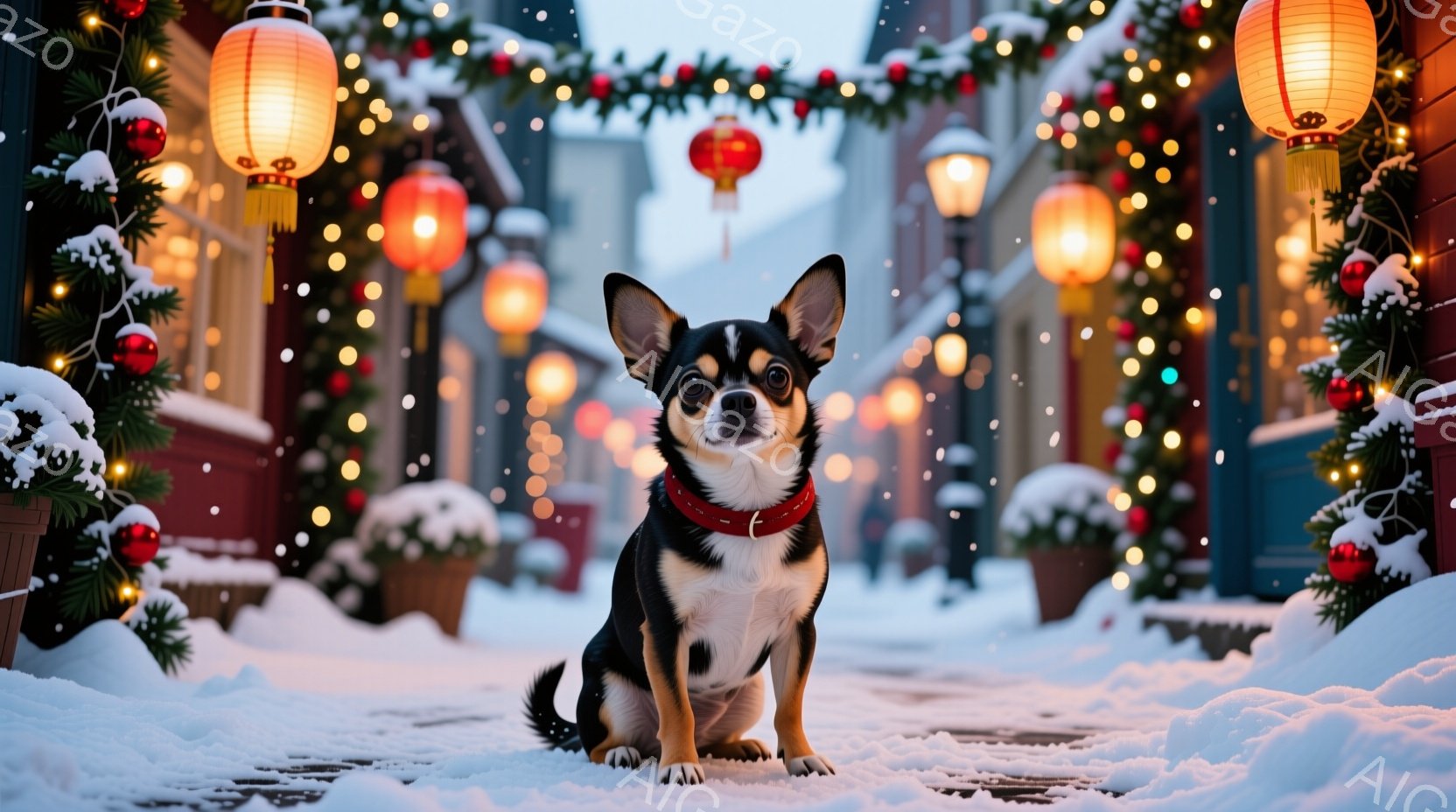 雪が降る街並みに、黒と白のチワワが座っています。赤い首輪をつけており、まっすぐ前を見つめて凛々しい表情をしています。背景にはクリスマス装飾が施された建物や植物、そして温かい光を放つ提灯が並び、冬の暖か - AI生成フリー素材