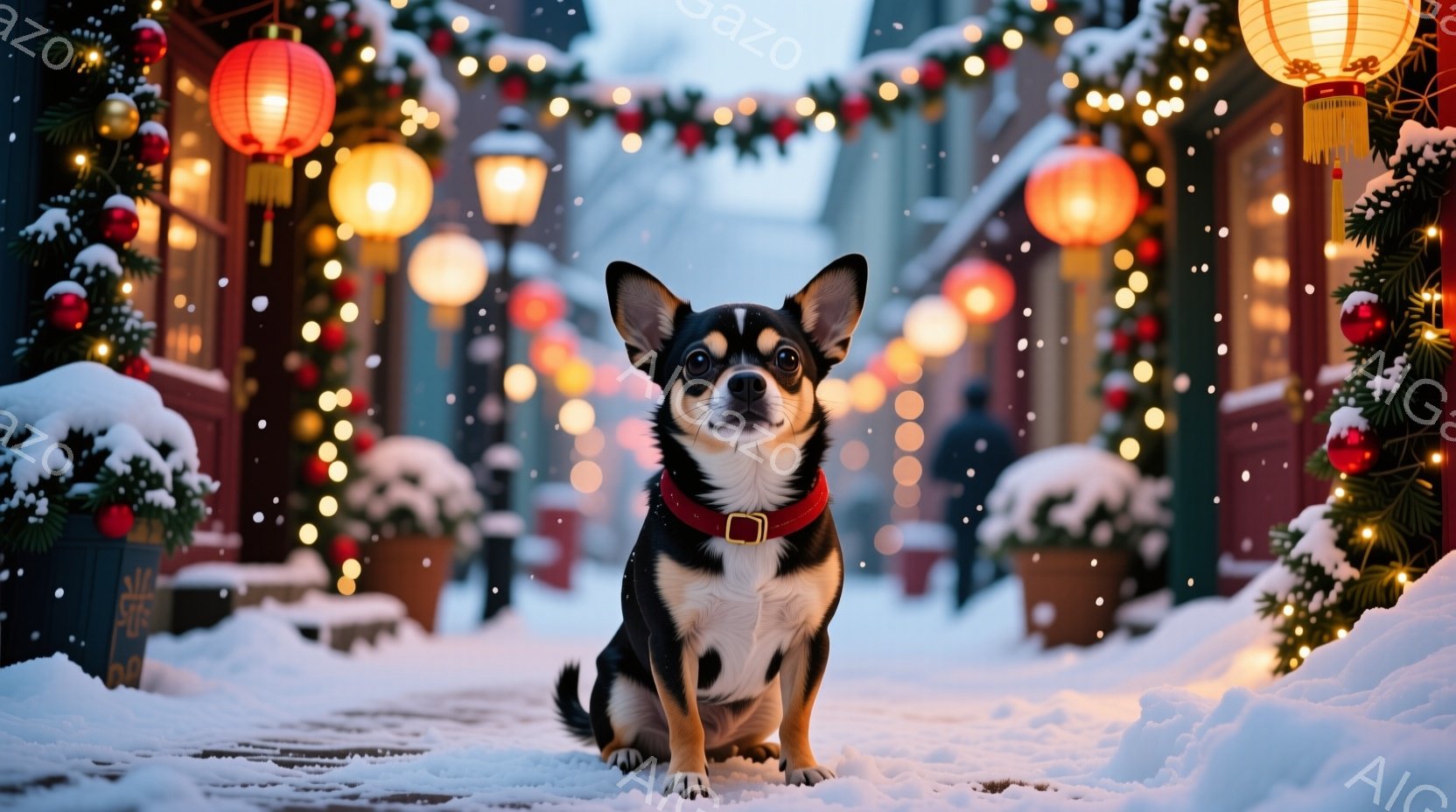 雪が降る街路に、黒と白の毛並みを持つチワワが座っています。赤い首輪をつけており、前方をまっすぐ見つめています。背景には、クリスマスツリーやイルミネーションで飾られた建物が並び、冬の暖かく華やかな雰囲気を醸し出しています。