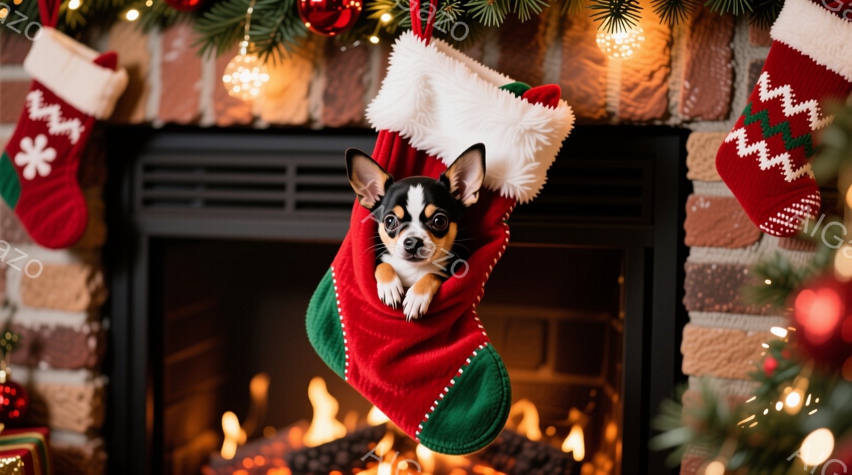 クリスマスソックスの中に、小さなチワワが顔を出しています。ソックスは赤と緑のストライプで飾られ、白いふわふわの縁取りが施されています。暖炉の炎とクリスマスツリーの飾り付けが背景にあり、温かく、お祝いム - AI生成フリー素材