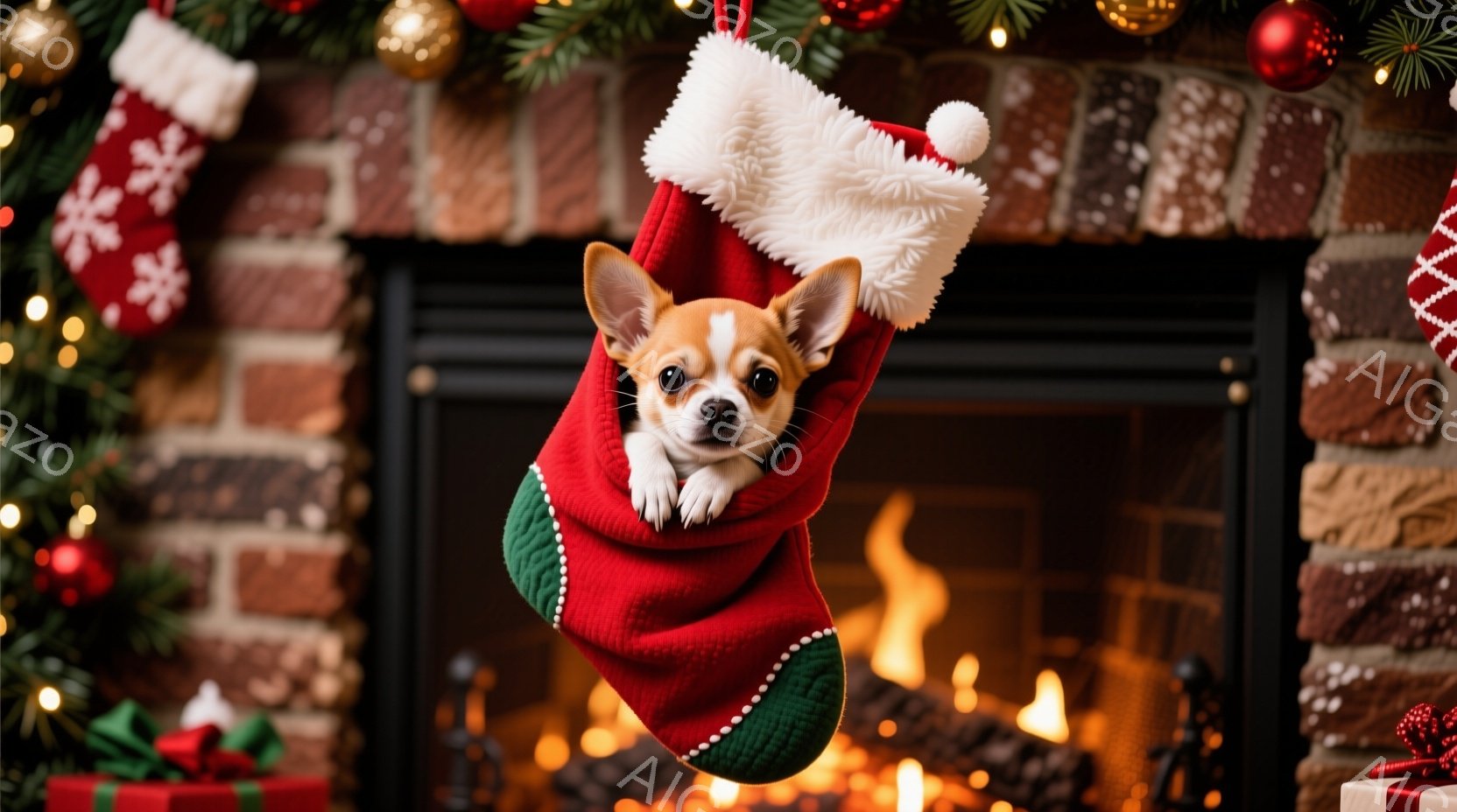 小さなチワワが赤いクリスマスストッキングの中に可愛らしく座っています。背景にはレンガ造りの暖炉があり、炎が暖かく灯り、クリスマスの飾り付けが施されています。全体的に温かく、お祝いムードにあふれた雰囲気です。
