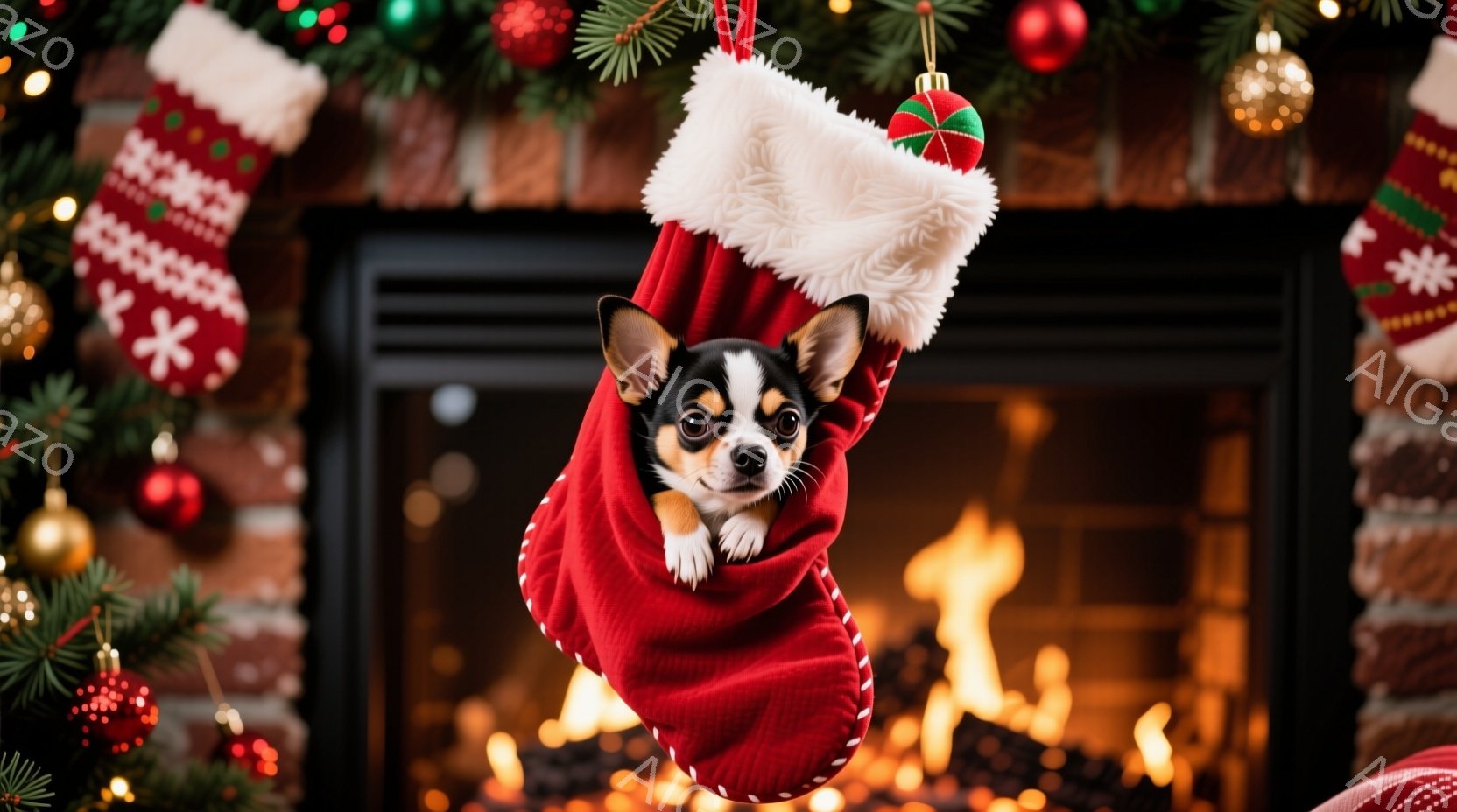 赤いクリスマスストッキングの中に、茶色と白の毛並みを持つ小さなチワワが丸まって座っています。ストッキングは暖炉のレンガ壁の前に吊るされており、背景には暖炉の炎とキラキラ光るクリスマスオーナメントが見え - AI生成フリー素材
