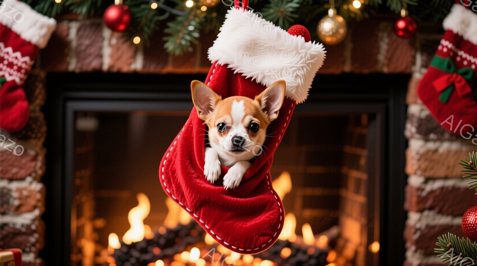 赤いクリスマスストッキングの中に、小さなチワワの子犬が顔を出しています。子犬は白い胸と鼻を持ち、大きな耳をピンと立てて好奇心旺盛な表情をしています。背景にはレンガ造りの暖炉と燃え盛る炎、そしてクリスマ - AI生成フリー素材