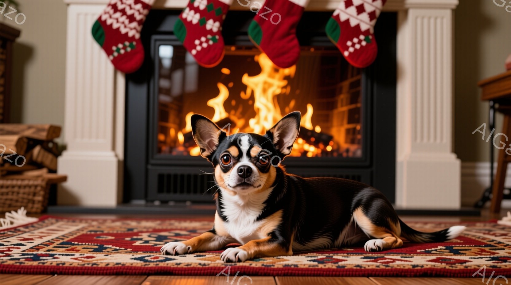 暖炉の前で、黒と白の毛並みのチワワが床に横たわっています。犬はカメラに向かって正面を見ており、わずかに口を開けて穏やかな表情をしています。背景には、クリスマスソックスが飾られた暖炉と、木材が積まれたバ - AI生成フリー素材