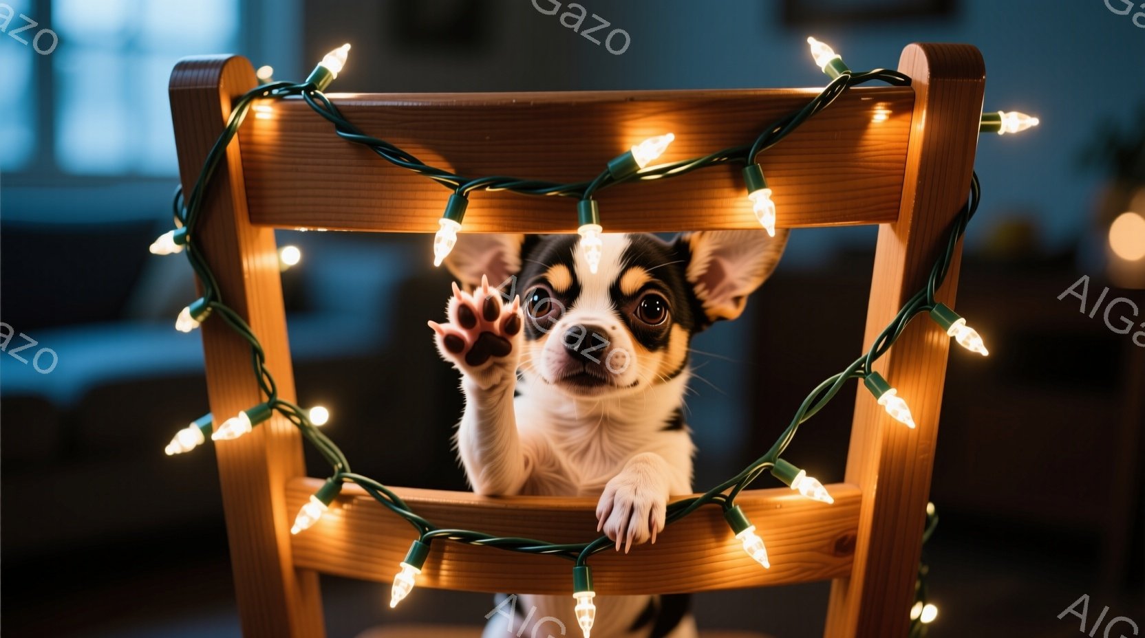 白と黒の毛並みの小さな犬が、背もたれと座面から覗く椅子の隙間から片手を伸ばしています。犬は好奇心と遊び心に満ちた表情でカメラを見つめ、温かい光のイルミネーションが椅子の周りを飾り立てています。背景はぼ - AI生成フリー素材