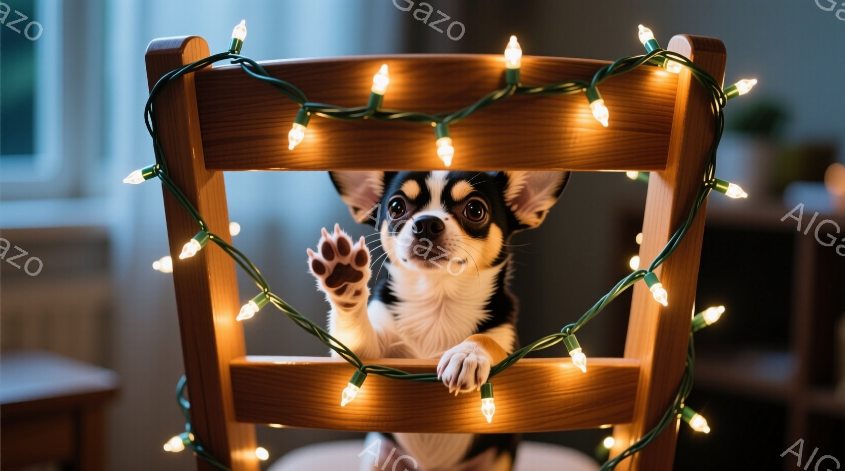 小さなチワワが木の椅子に前足をかけて座っており、好奇心と遊び心にあふれた表情でカメラを見つめている。椅子の背もたれと座面にクリスマス用の電飾が巻き付けられており、温かくお祝いムードを演出している。背景はぼかされており、室内であることがわかるが、詳細は不明瞭で、焦点は完全に犬に当てられている。