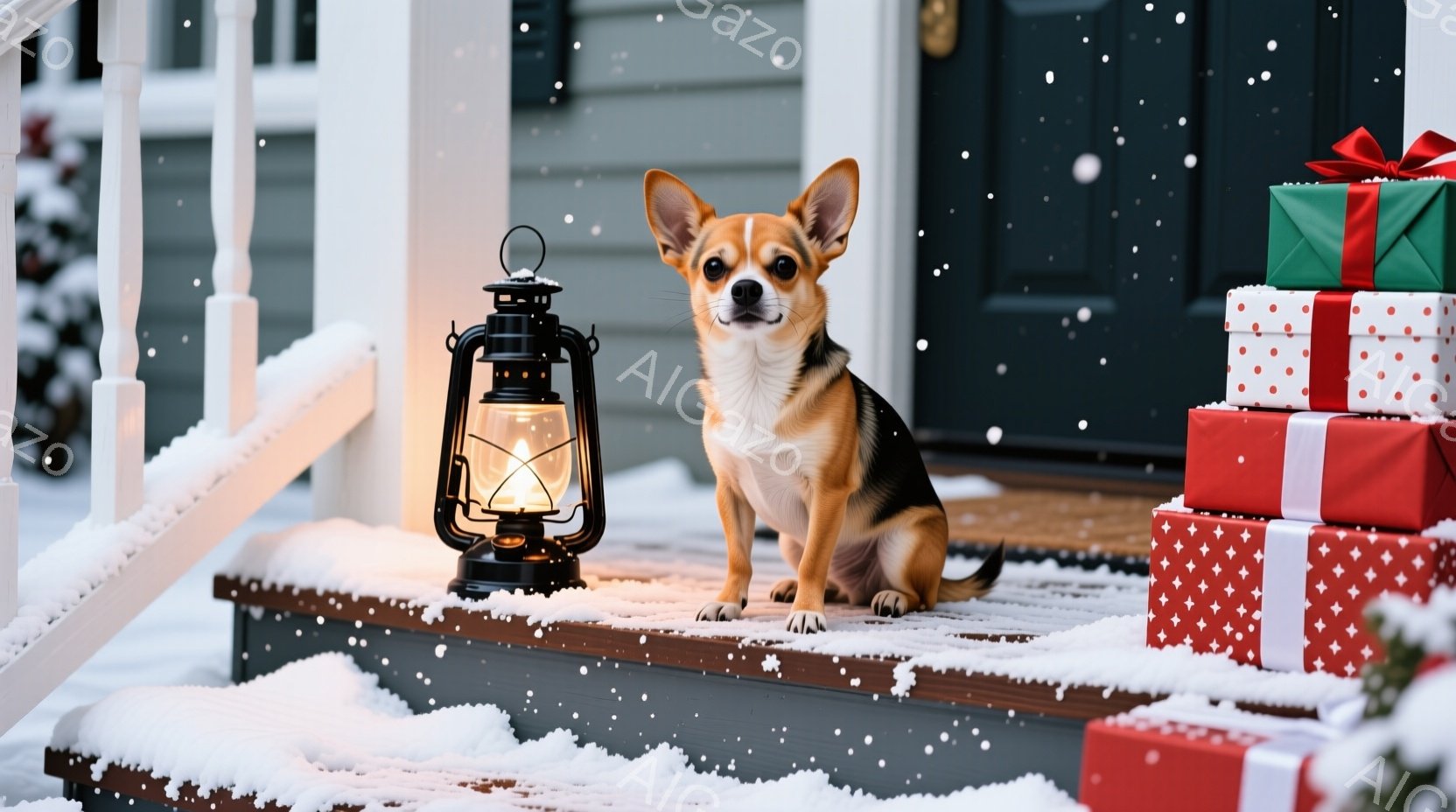 雪が降る屋外の階段に、小さな茶色と白のチワワが座っています。隣には、赤や緑のリボンで飾られたプレゼントの山が積み重ねられ、暖かさを添えるランタンが置かれています。冬の穏やかな雰囲気が漂い、温かく、お祝 - AI生成フリー素材
