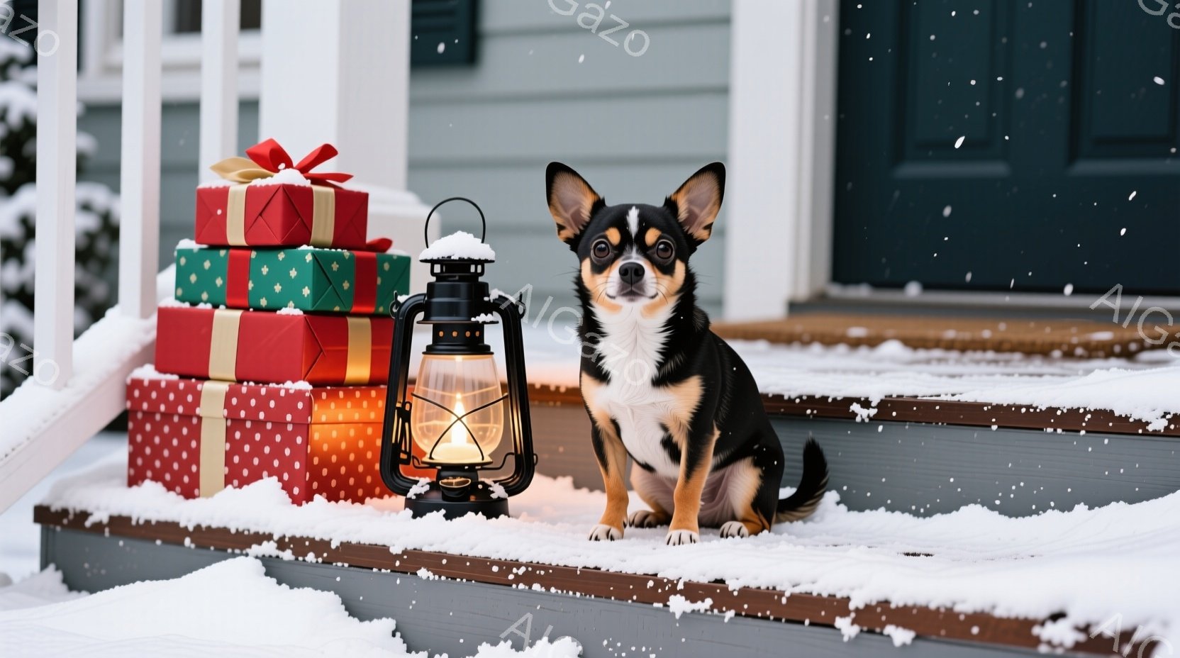 雪が降り積もった家の階段に、黒と白の毛並みのチワワが座っています。その横には、明るく光るランタンと、クリスマスプレゼントのようにラッピングされたギフトボックスが積み重ねられています。全体的に、暖かく穏 - AI生成フリー素材